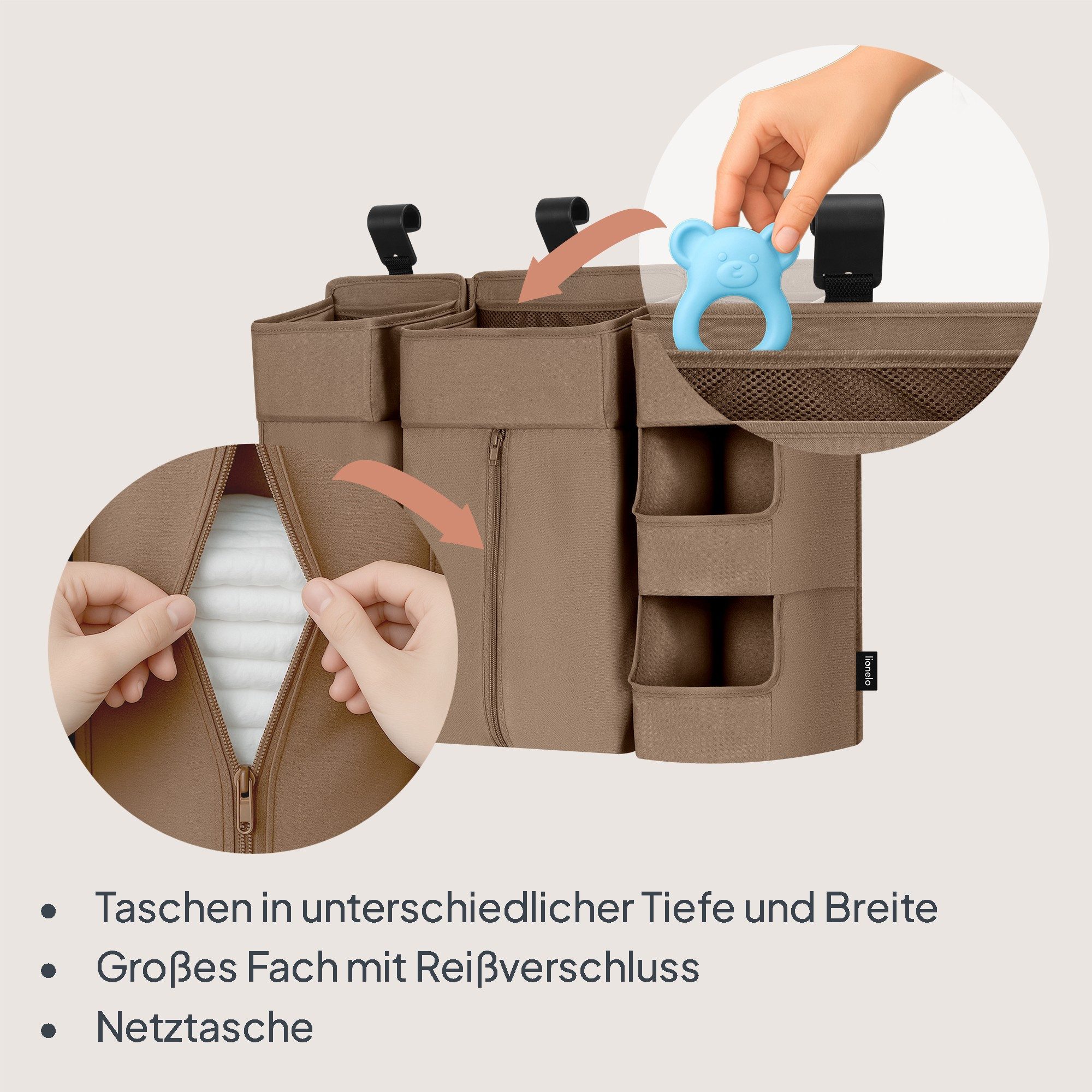lionelo Betttasche SIDEPOCKET LARGE (Set, Set), 3Teile/modulareStruktur/Haken&Klett/PP-Platten/weiche Kanten