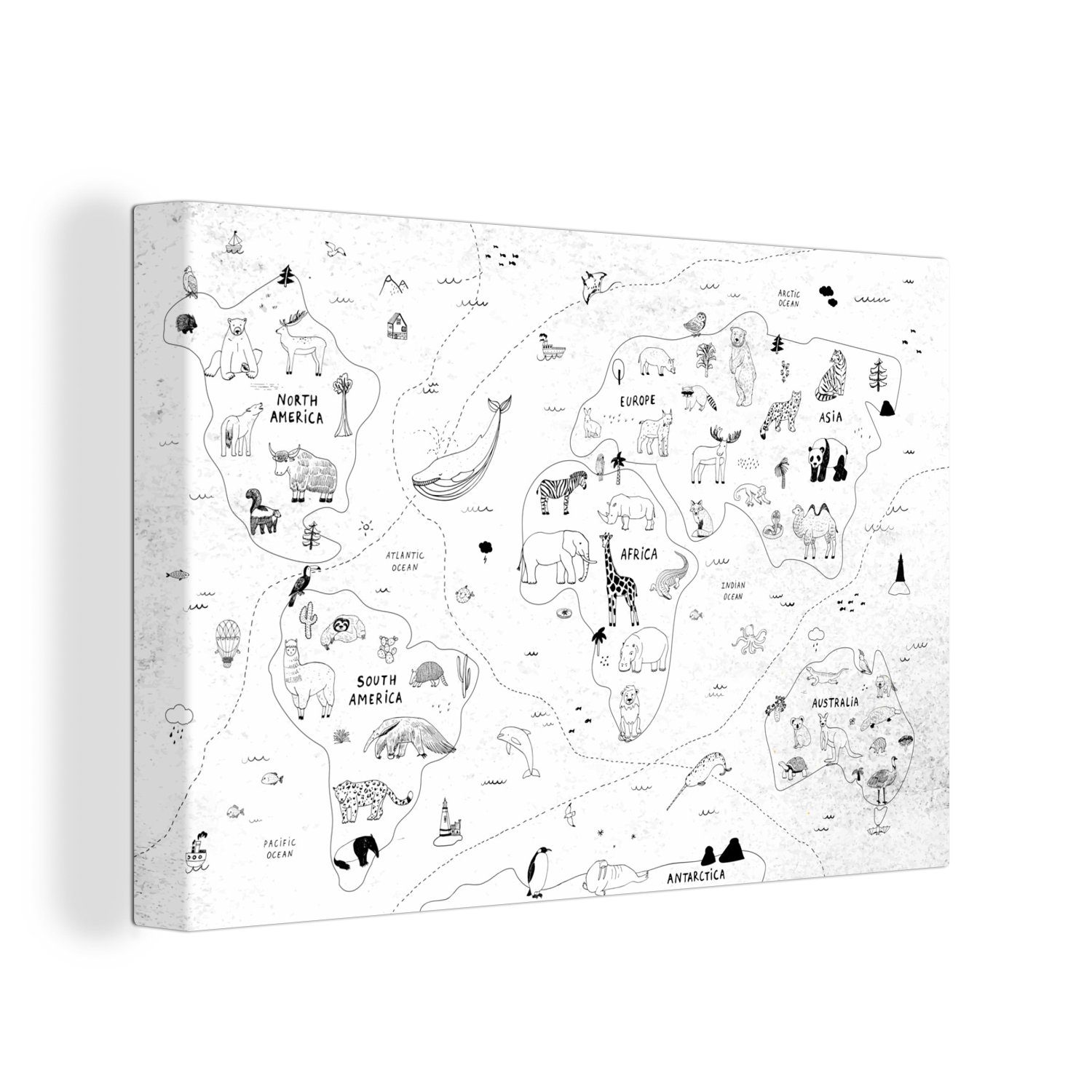 OneMillionCanvasses® Leinwandbild Weltkarte - Kinder - Weiß - Schwarz, (1 St), Wandbild Leinwandbilder, Aufhängefertig, Wanddeko, 30x20 cm