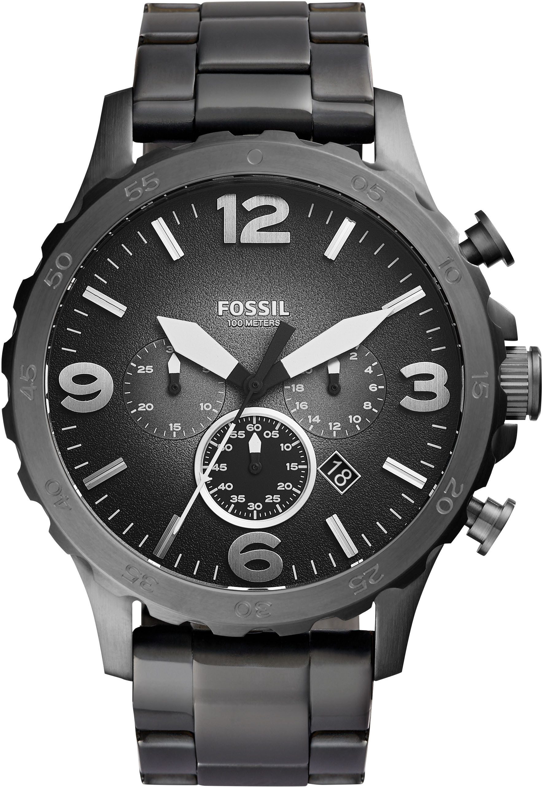 Fossil Chronograph NATE JR1437, Quarzuhr, Armbanduhr, Herrenuhr, Stoppfunktion, Edelstahlarmband,Datum