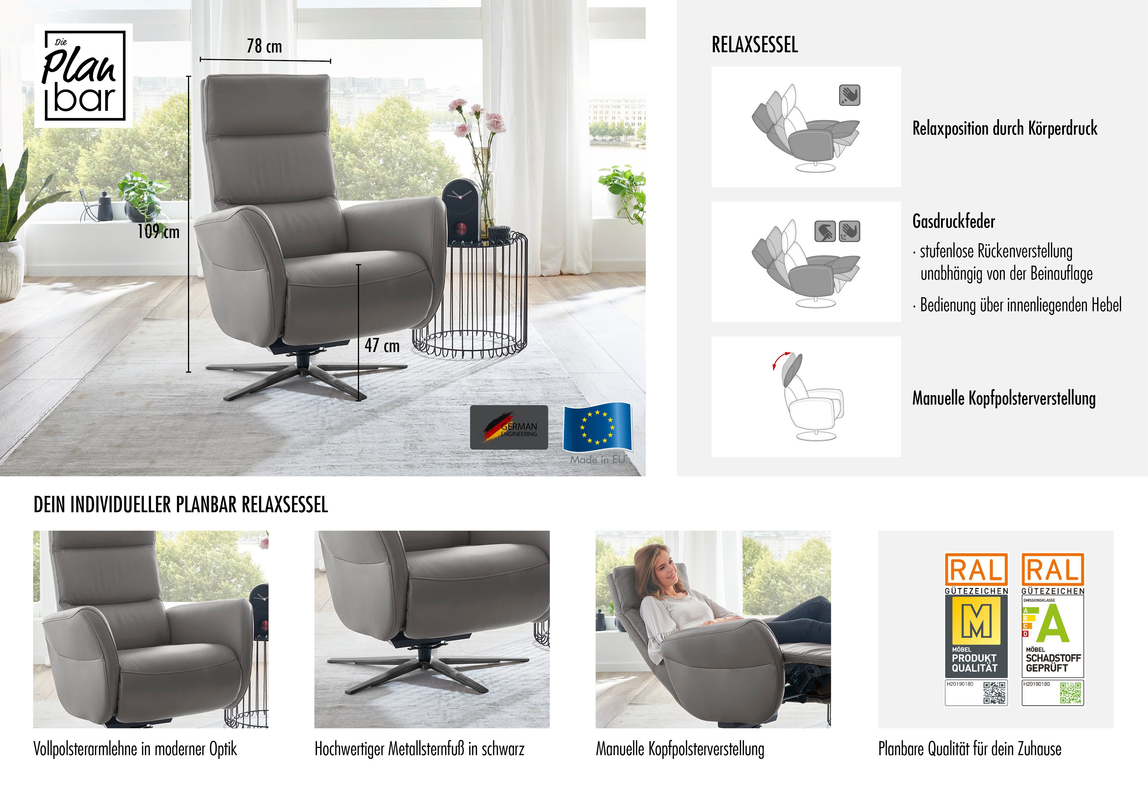 Die PlanBar Relaxsessel PN-RS20038 mit Metallsternfuß inkl. Relaxfunktion und Kopfverstellung (1-St), 360° drehbar, mit Gasdruckverstellung