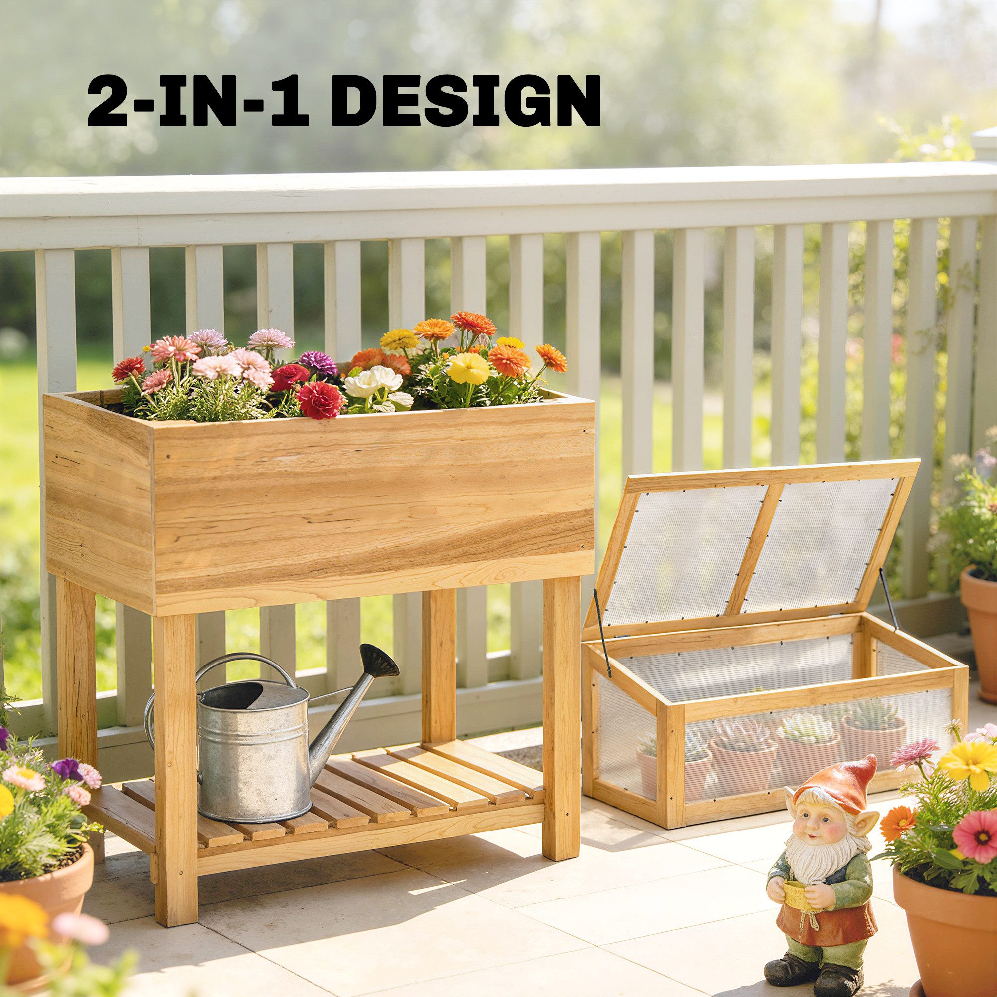 Outsunny Hochbeet Gemüsebeet Blumenkasten aus Holz aufklappbar Abdeckung ergonomisch (Pflanzkasten, 1 St., Frühbeetaufsatz), für Garten Balkon 80x45x108,5cm Nat – Bild 4 von 5