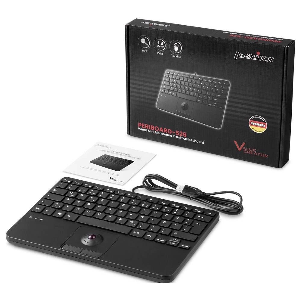 Perixx Wired Mini DE Keyboard with Trackball & 2 Hubs 12073 Tastatur (USB-Hub, mit Trackball)