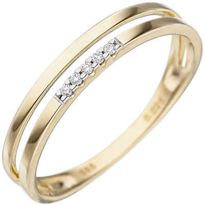 Schmuck Krone Diamantring Ring mit 5 Brillanten, 2-reihig, 585 Gelbgold, Gold 585