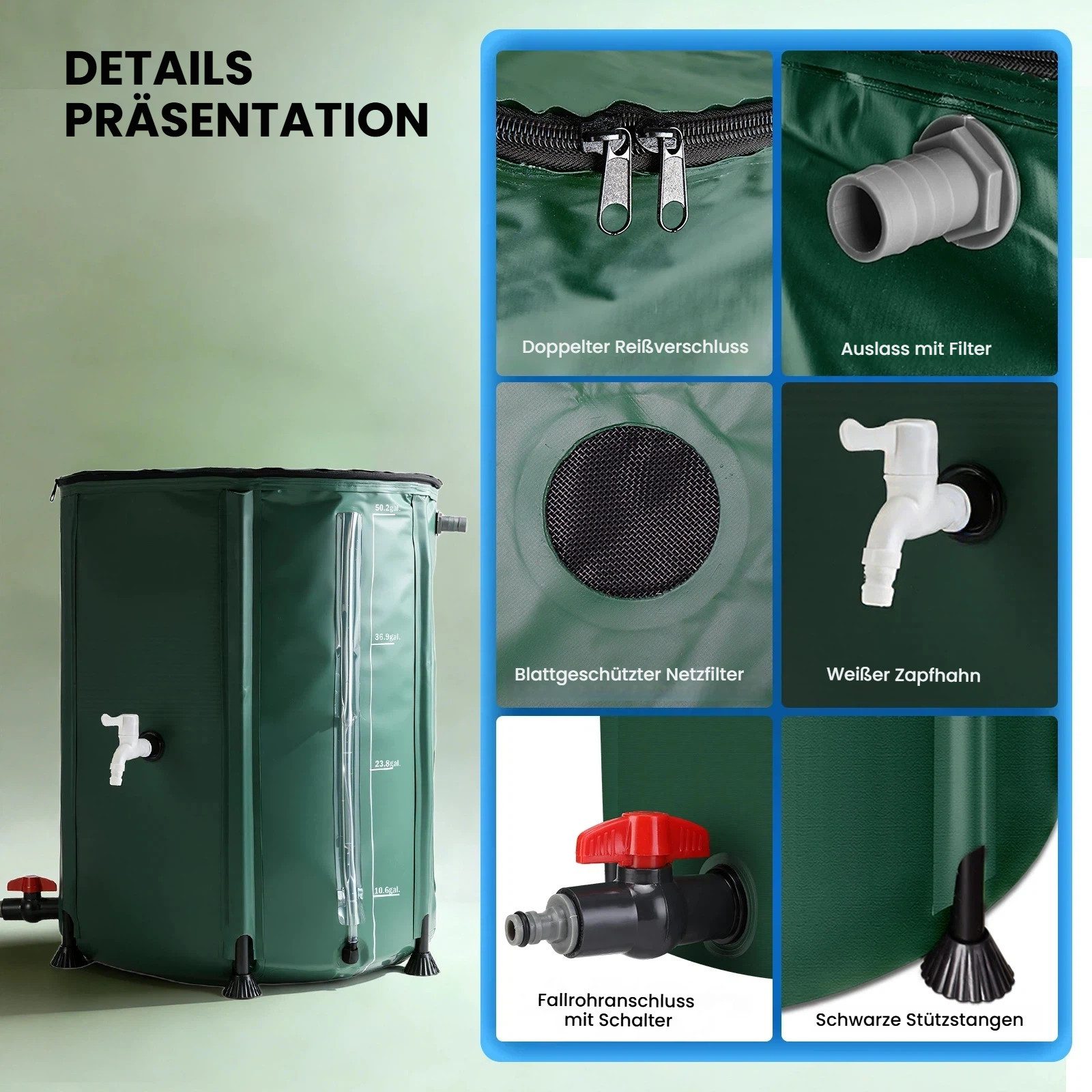 NACATIN Regentonne faltbare Regenwassertonne 200L, Regenwassertank, 200 l, (1-tlg), Regenwassersammler mit Deckel, Hahn & Überlaufschutz, wetterfest