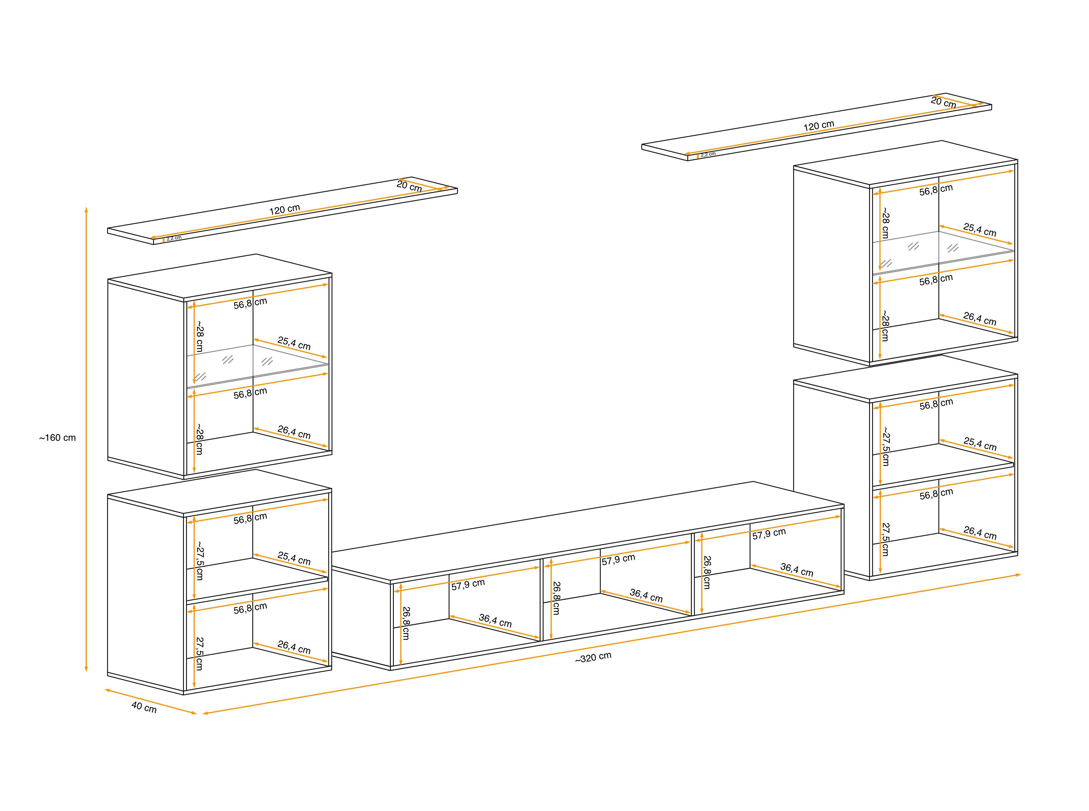 Stylefy Wohnwand Swotch (7 Wotan (Set 4×Wandschrank, Eiche bestehend hängend XIV aus St), Graphit L, 1×Lowboard, - 2×Wandboard, Wohnzimmer-Set)