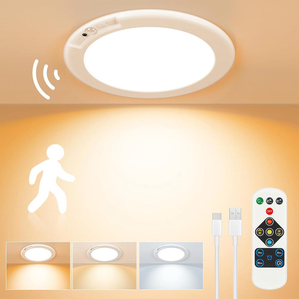 Rosnek LED Deckenleuchte Deckenlampe Innen mit Bewegungsmelder, Wiederaufladbar, Dimmbar, Dreiteiliges Set, LED fest integriert, USB-Deckenleuchte mit Fernbedienung für Flur, Treppe, Veranda & Garage