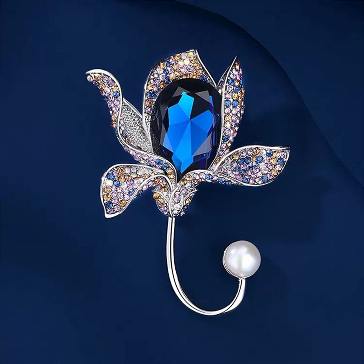 Brosche mit Vintage-Brosche selected Silber Kristall-Blumen-Orchideen-Perlen-Zirkon carefully