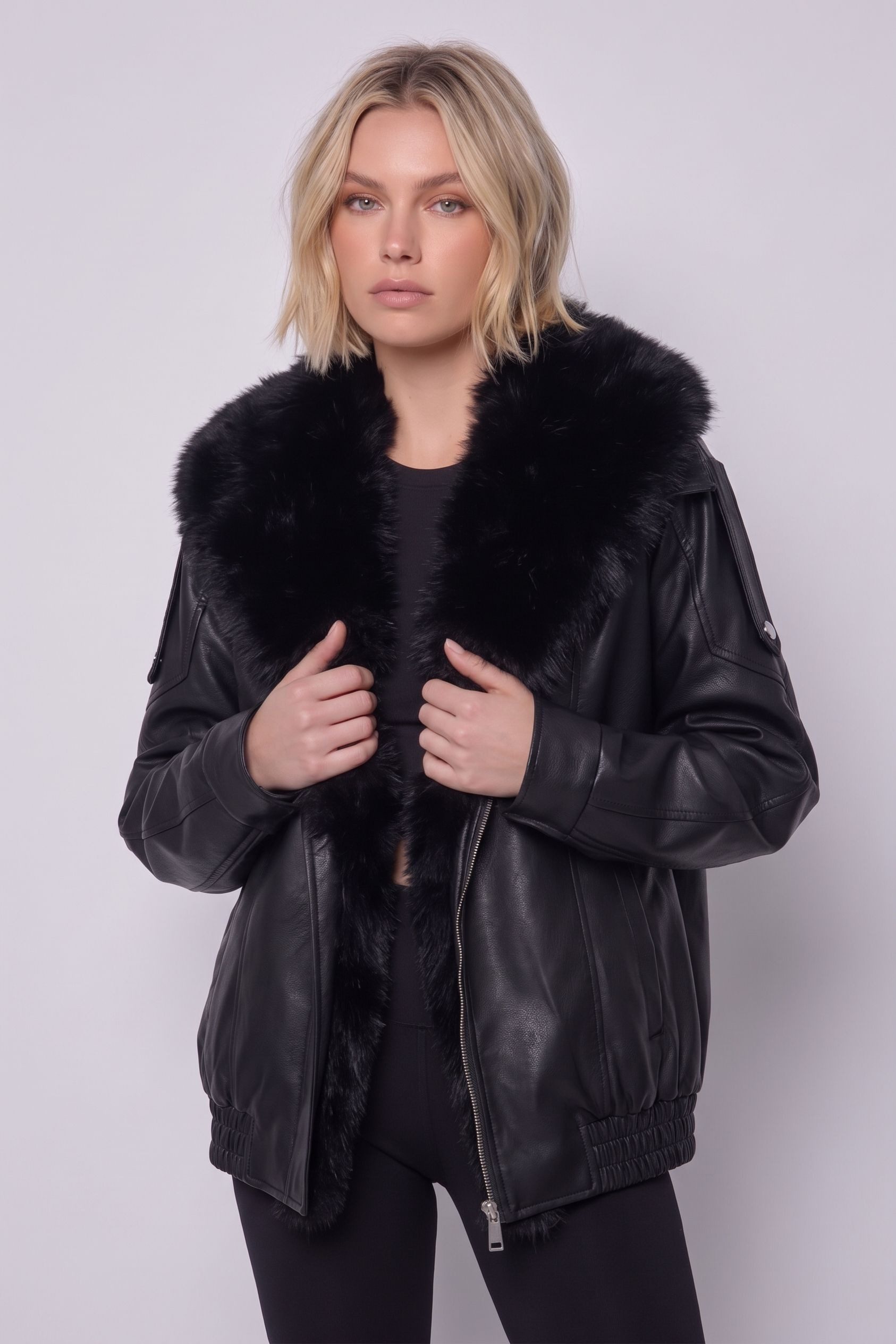 Copperose Bikerjacke Bikerjacke mit Kunstfellkragen 2192 Aviator-Jacke Kunstlederjacke mit weichem Kunst Pelzkragen