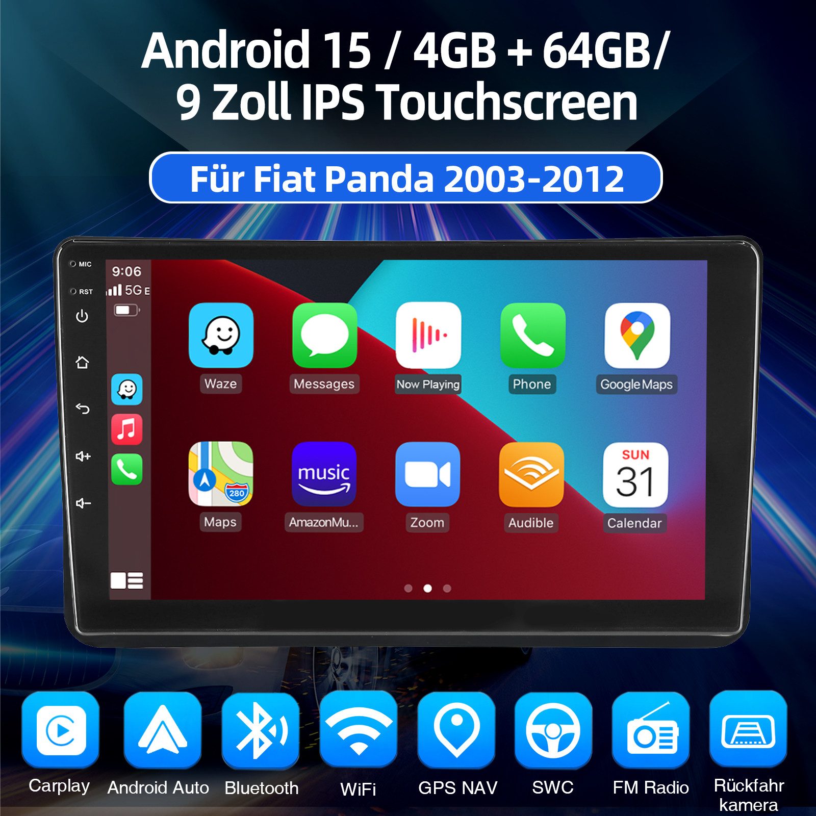 ESSGOO 9" Autoradio Android 15 Carplay GPS NAVI SWC Für Fiat Panda 2003-2012 Autoradio (RDS, 4+64GB(optional), Digitalradio (DAB), FM, BT 4.1, SWC, Carplay Android Auto Bluetooth EQ USB GPS Navi WIFI Touchscreen)