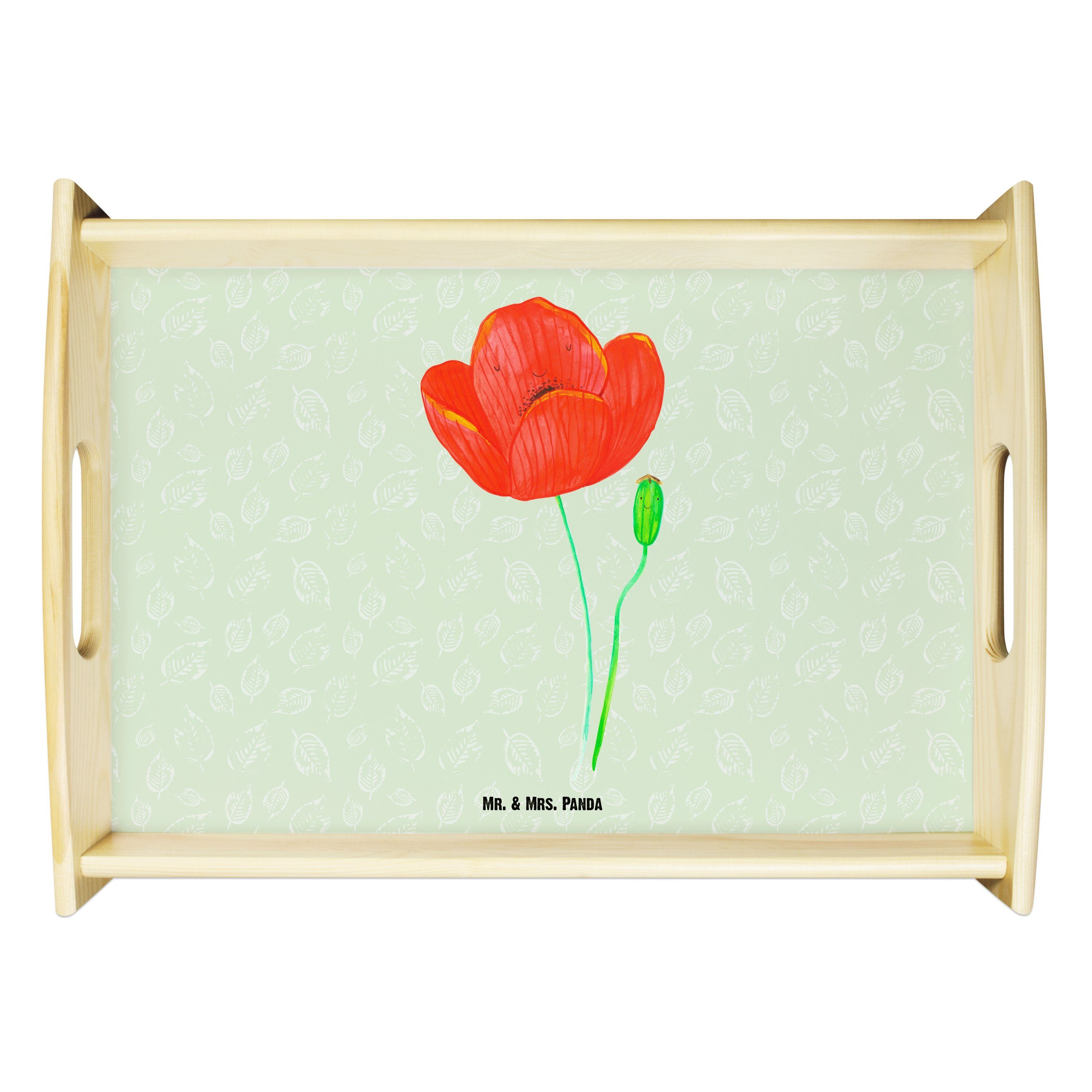 Mr. & Mrs. Panda Tablett Mohnblume - Blattgrün - Geschenk, Blumen, Küchentablett, Naturliebe, Echtholz lasiert, (1-tlg)