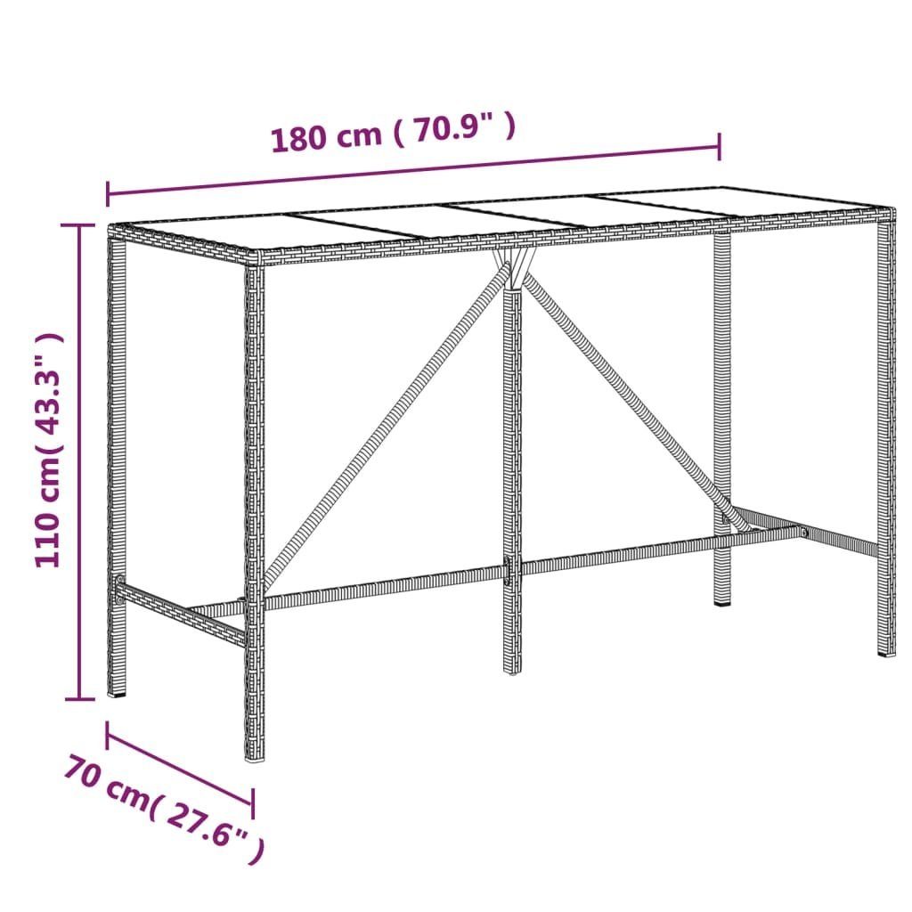 vidaXL Gartentisch Bartisch mit Glasplatte Grau 180x70x110 cm Poly Rattan (1-St)