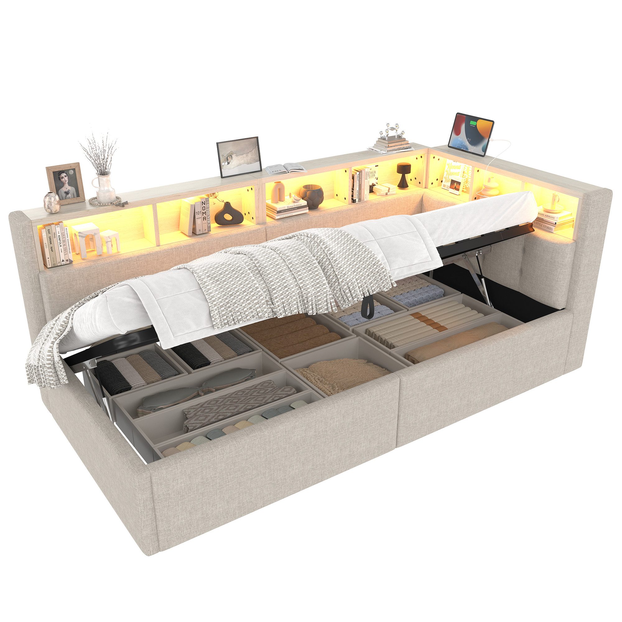 BlingBin Schlafsofa Daybett, Stauraumbett, Tagesbett mit Stauraum & LED-Beleuchtung, mit USB- + Typ-C-Anschlüsse, mehrere Staufächer 1 Teile, mit mehrfarbiger LED-Streifenbeleuchtung,Ohne Matratze, Leinen