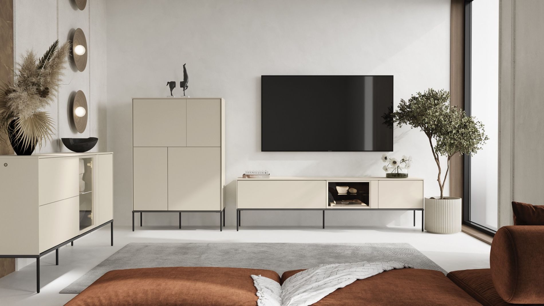 Selsey Highboard BELLEZO, Highboard mit vier Türen, 95 cm hoch, Creme