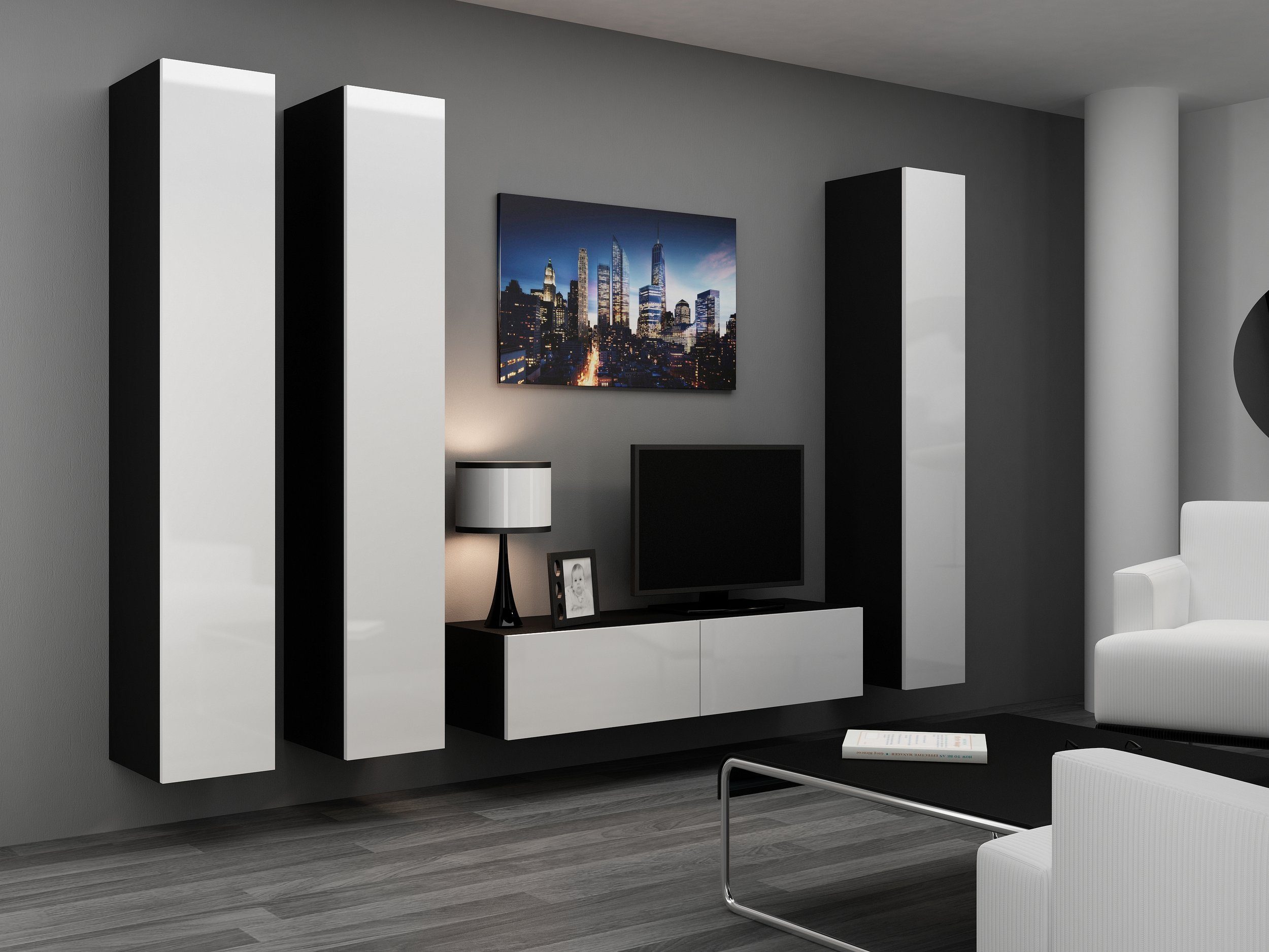 Stylefy Wohnwand Vago XIV, (Set (4-St), Wohnmöbel, Wohnzimmer-Set), bestehend aus 1xLowboard und 3xHängeschrank, Hochglanzfronten, mit Push-to-Open, Modern Design Schwarz/Weiß