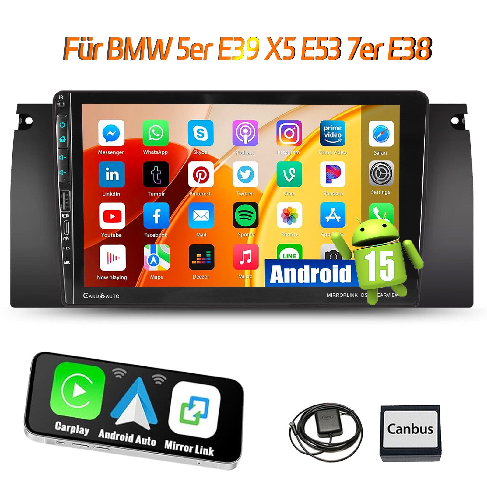 ESSGOO Für BMW 5er E39 7er X5 E53 E38 Android15 Autoradio Carplay USB Type-C Autoradio (Digitalradio (DAB), 4+64GB(optional), RDS, AM, FM, Carplay Android Auto Bluetooth EQ USB GPS Navi WIFI Touchscreen)
