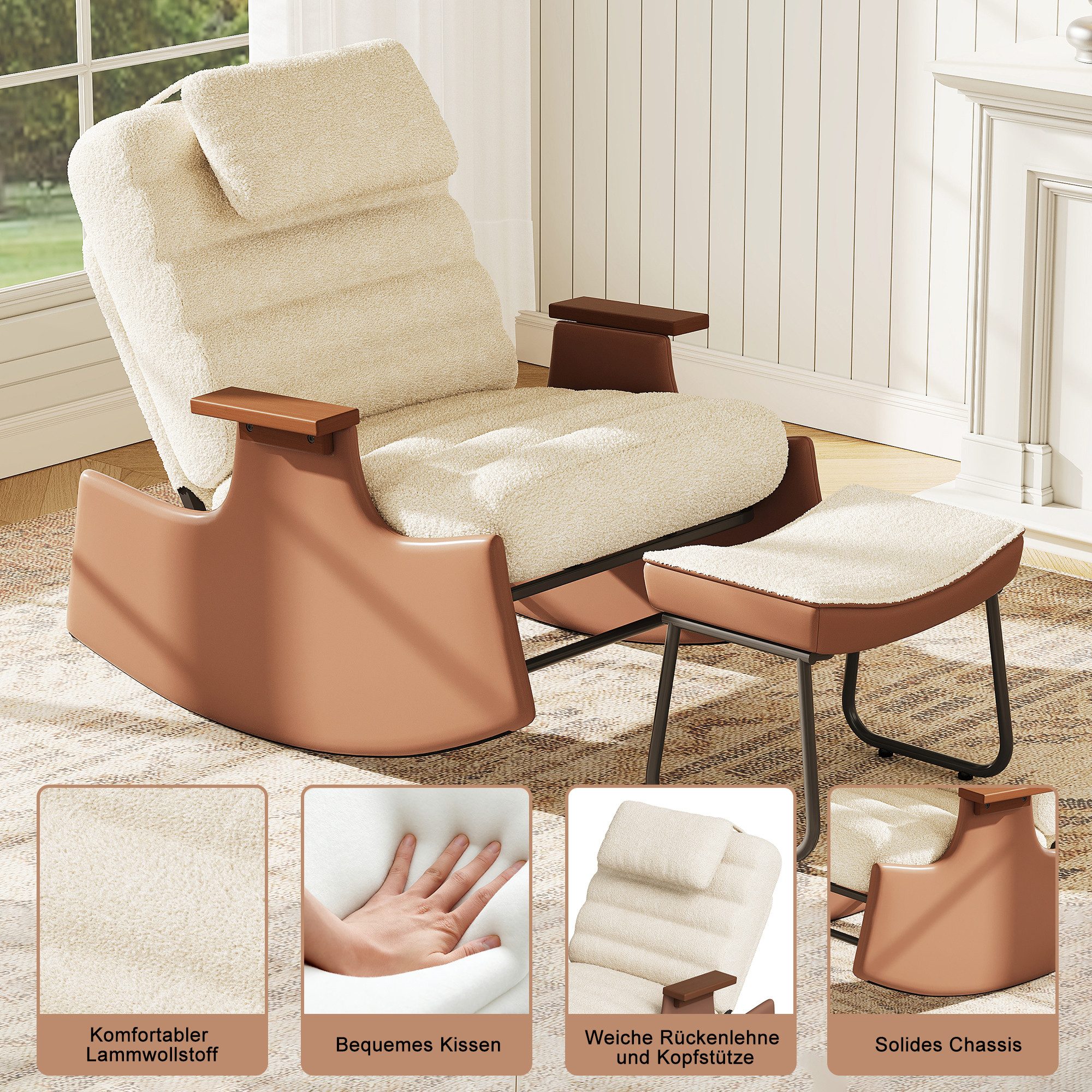 BELUPAI Schaukelstuhl Polster Schaukelsessel, (Set, 1 St), mit Hocker und 3-stufia verstellbare Rückenlehne,Teddystoff,Beige