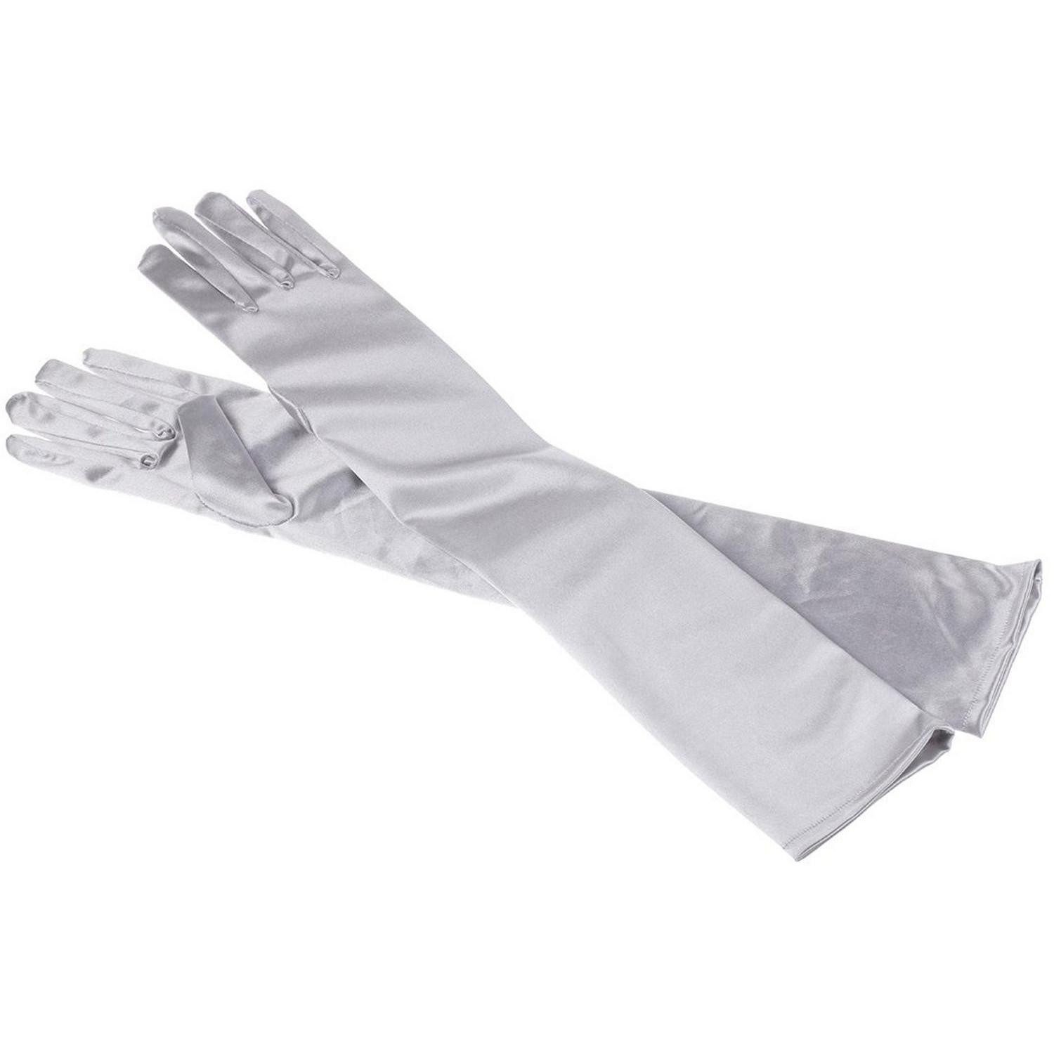 LuxusKollektion Abendhandschuhe Handschuhe Damen Satin Stretch Ellenbogenlang Silber Grau (1-St)