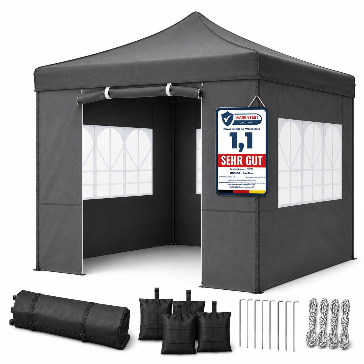 Onbest Pavillon Partyzelt Faltzelt Premium 3x3 Pop-Up mit viel Zubehör, mit 4 Seitenteilen, 420 PU Silver Coated Oxford, wasserdicht, UV 50+
