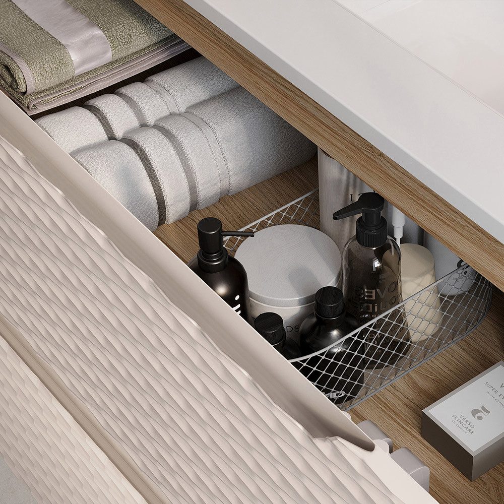 Lomadox Waschtisch OLUO-56-BEIGE, 80cm mit Keramik-Waschbecken, Eiche mit beige, 3D-Oberfläche