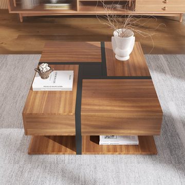 Merax Couchtisch mit versteckten Schubladen, Beistelltisch mit geometrische Design, Wohnzimmetisch mit Holzmaserung in eichefarbe, B/H/T: 78/36/78m