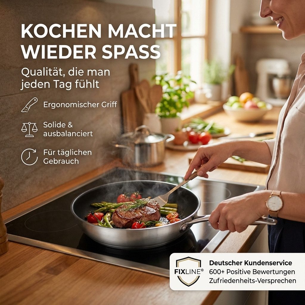 FIXLINE Schmorpfanne 28cm Black Forest Edition Beschichtet und einfache Reinigung, Edelstahl (Einzel, 1 Pfanne), Lieblingspfanne in deiner Küche