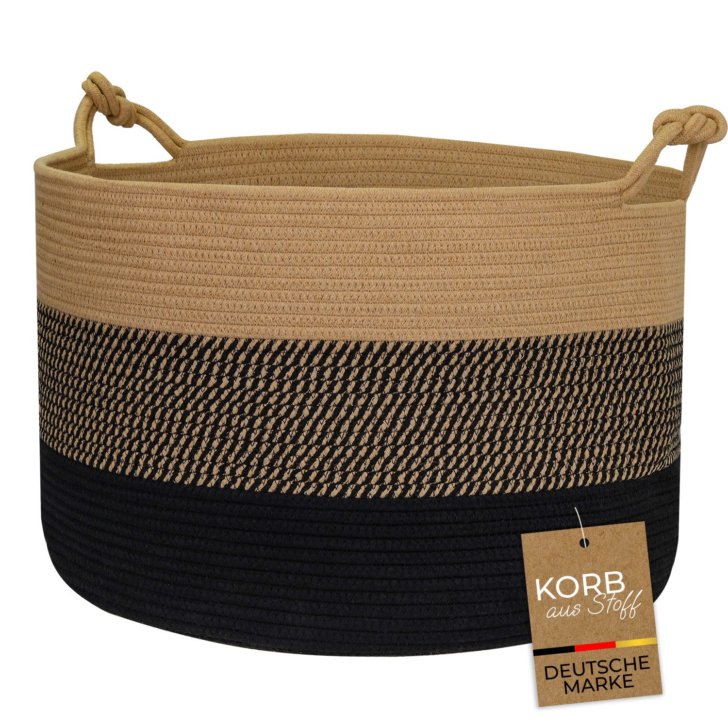 HMF Aufbewahrungskorb Aufbewahrungskorb mit Glücksknoten-Griffen, großer Korb aus Baumwolle, 50 x 33 cm, Schwarz-Honig