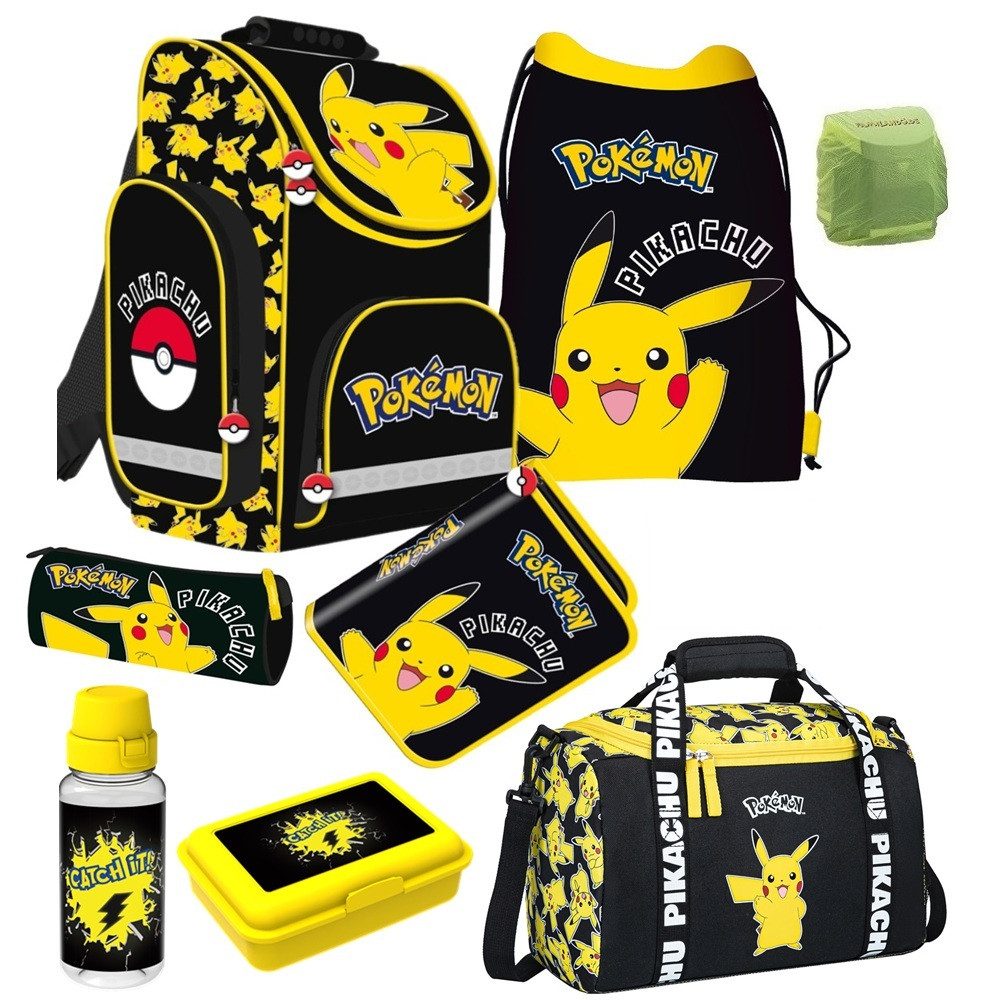Familando Schulranzen 1. Klasse; ergonomischer Tornister (Set, 9-tlg., inkl. Federmappe, Lunch-Set und Sporttasche), Pokémon Schultasche Pikachu Pokemon