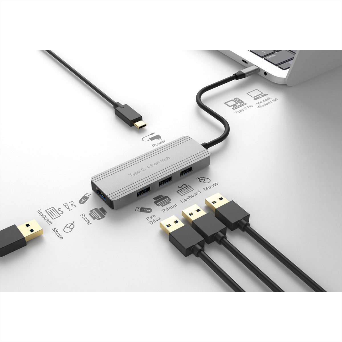 VALUE USB 3.2 Gen 1 Hub, 4fach Computer-Adapter USB Typ C (USB-C) Männlich (Stecker) zu USB 3 Typ A Weiblich (Buchse), 10.0 cm, USB-C Anschlusskabel