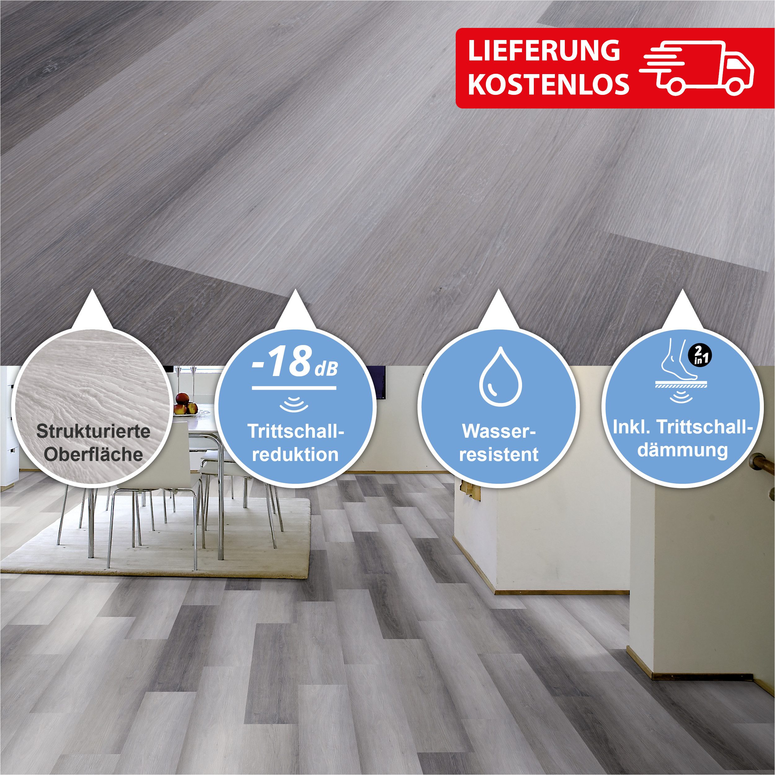Swiss Edition SPC Designboden Klick-Vinyl Eiche inkl. Trittschalldämmung, Packung mit 2,65 qm, Versandkostenfreie Lieferung, Inkl. Trittschalldämmung, Wasserfest und mit Klicksystem