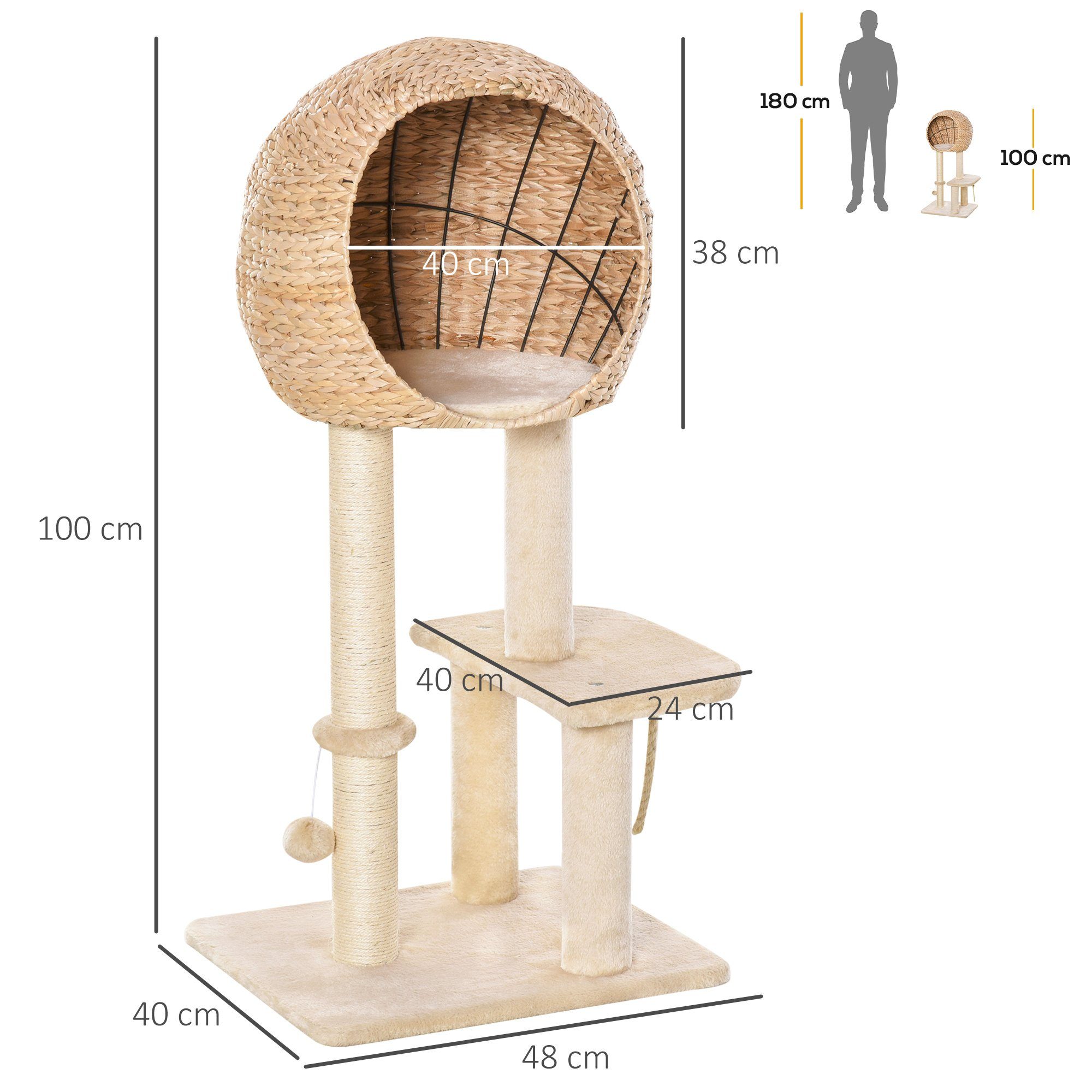 PawHut Kratzbaum Kätzchen Möbel mit Katzenhöhle Ballspielzeug, Sisal weiche Plüsch Höhe 100 cm Beige