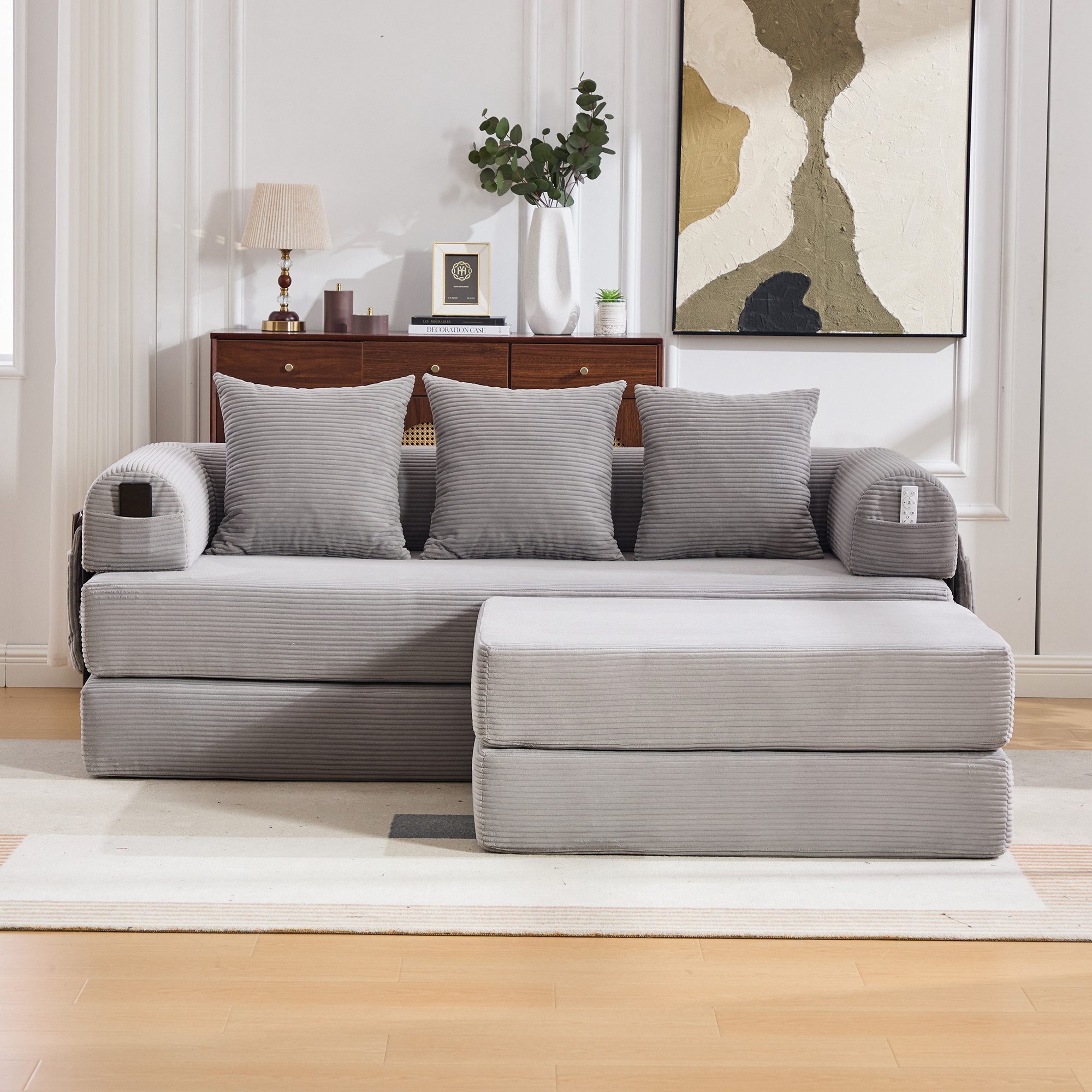 MODFU Sofa modulares Cord-Wohnzimmer Sofa mit Hocker, Metallrahmen, Seitentasche, Loungesofa, 3 bequemen Kissen, extra dick gepolstert, frei kombinierbar