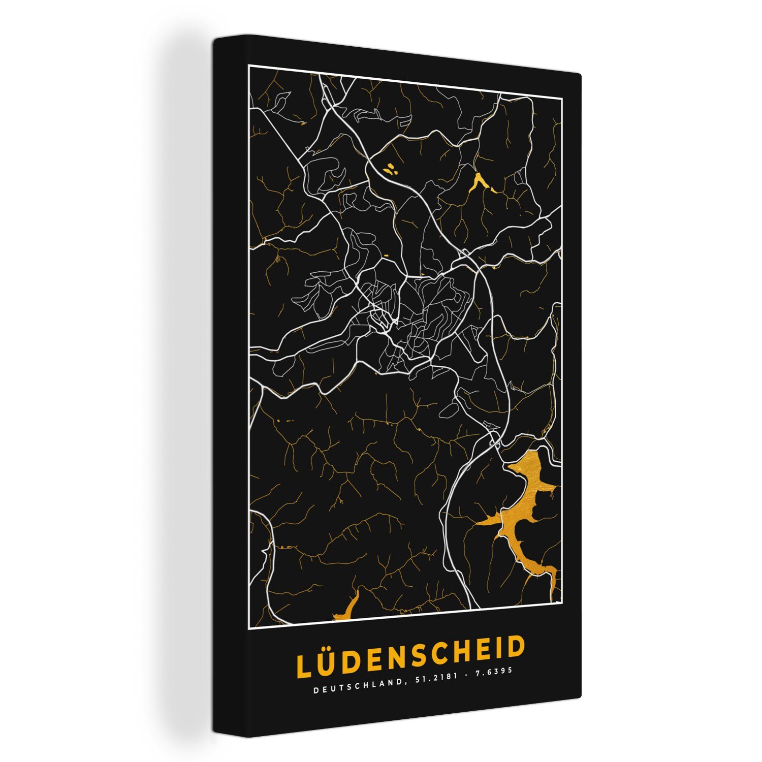 OneMillionCanvasses® Leinwandbild Karte - Lüdenscheid - Gold - Stadtplan - Deutschland, (1 St), Leinwandbild fertig bespannt inkl. Zackenaufhänger, Gemälde, 20x30 cm
