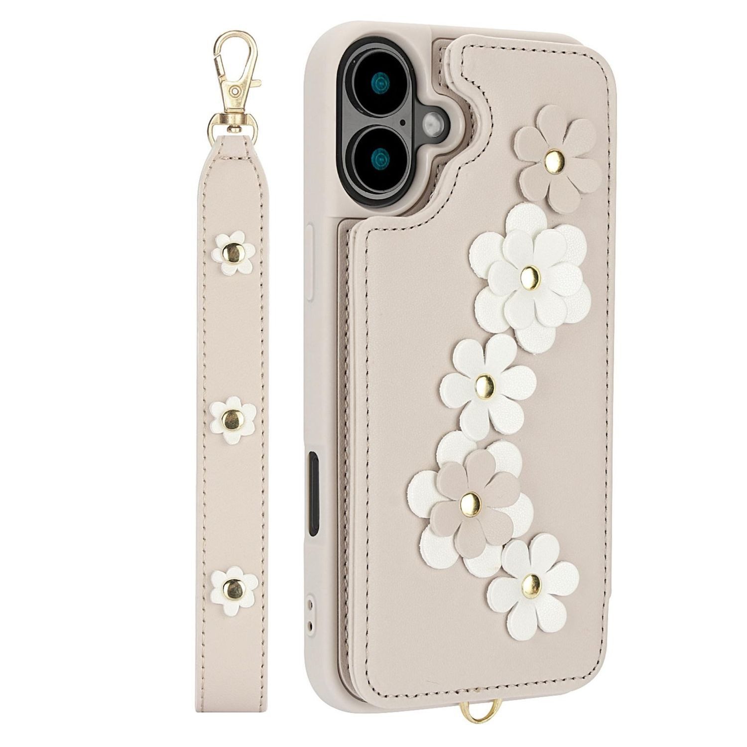 Wigento Handyhülle Für Apple iPhone 17 Hülle Crossbody Kunstleder mit Blumenmuster Weiß, Mit Kartenfächern, Gurt, Kickstand-Funktion
