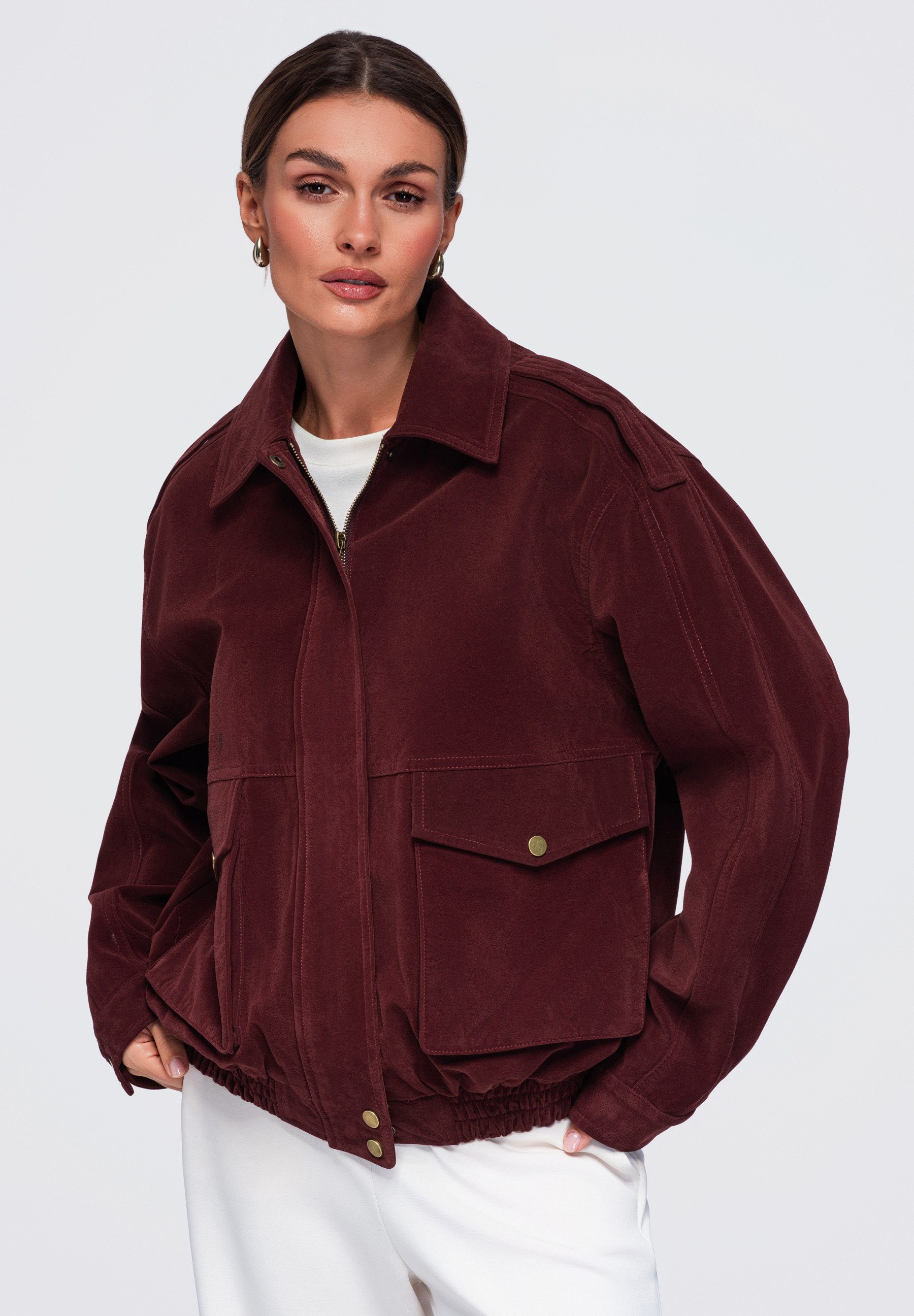 OMBRE Lederimitatjacke Damen Lederimitatjacke mit lässigem Schnitt Bordeaux M/L (kein Set, 1-St) in Unifarbe