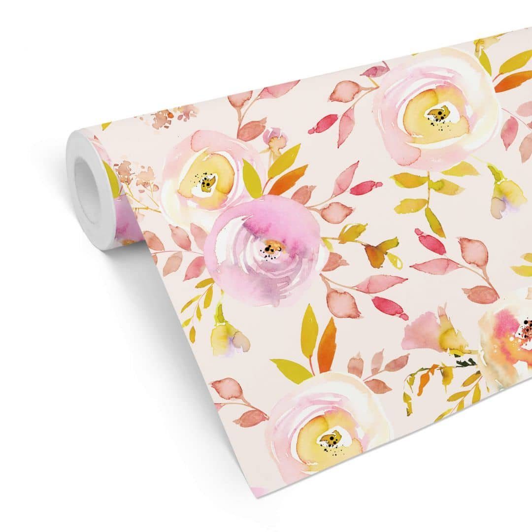 K&L Wall Art Mustertapete Vliestapete Sommerblume Aquarell moderne Rosentapete Vintage Blumen, Sommerblüten Tapete