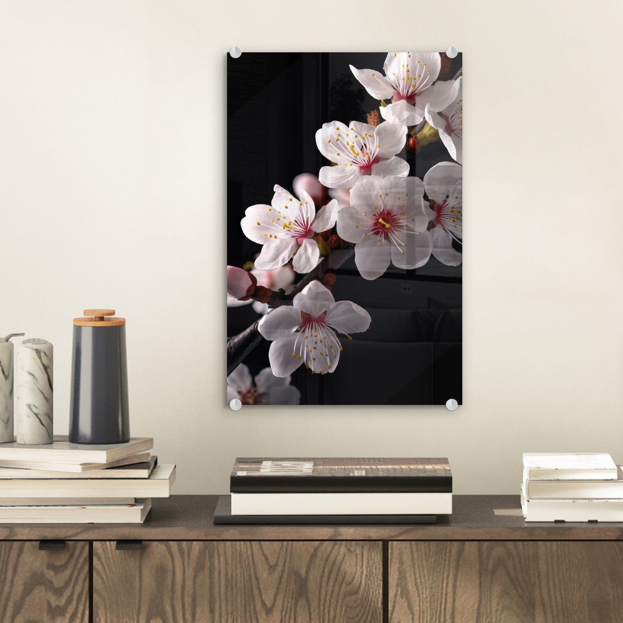 MuchoWow Acrylglasbild Sakura - - Blumen Bilder Weiß, Glasbilder Wandbild - auf - auf - Glas Glas Botanisch Wanddekoration - Foto St), (1 - Blütenzweige