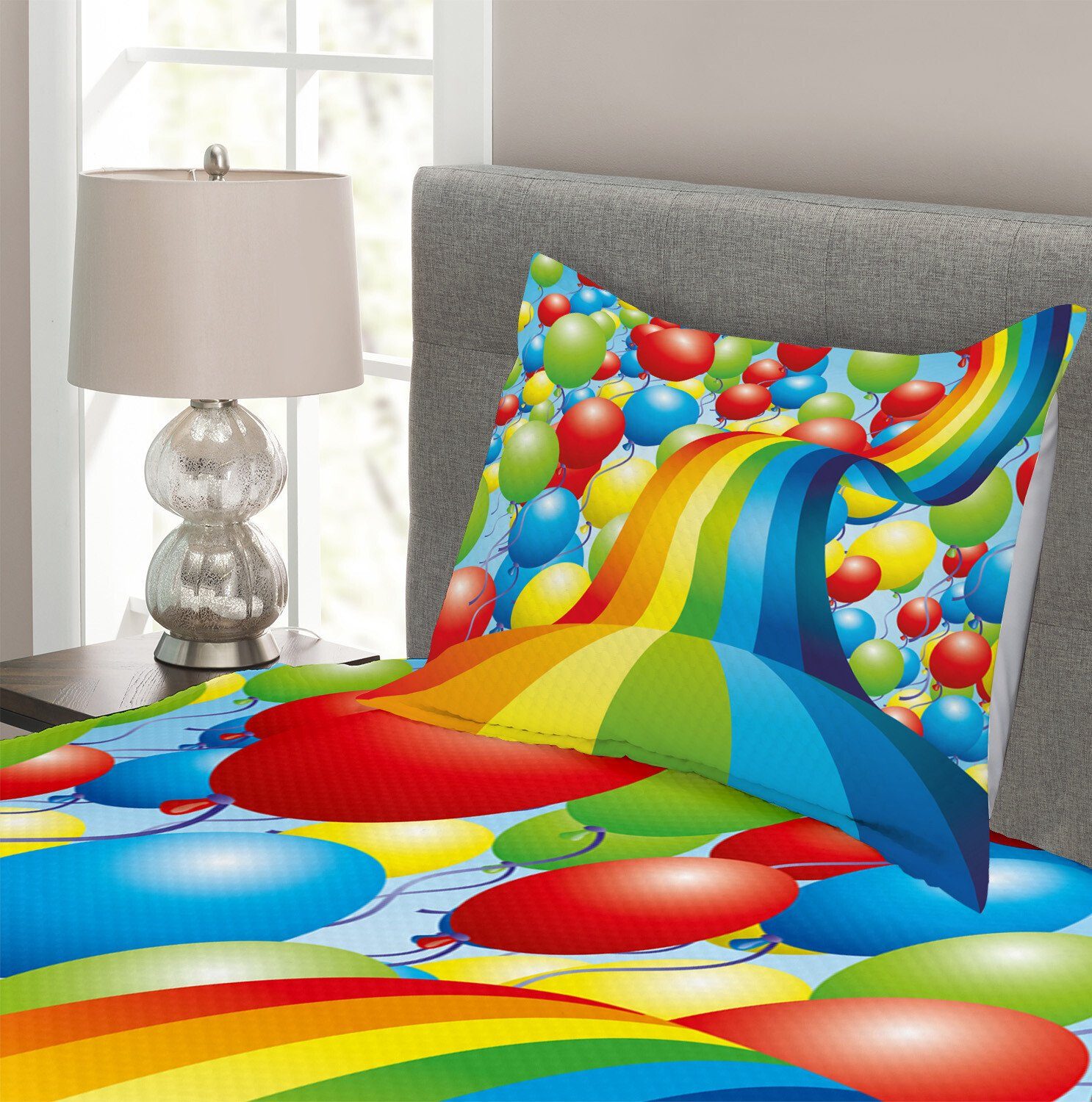 Tagesdecke Set mit Abakuhaus, Waschbar, Bänder Regenbogen Luftballons Wellig Kissenbezügen