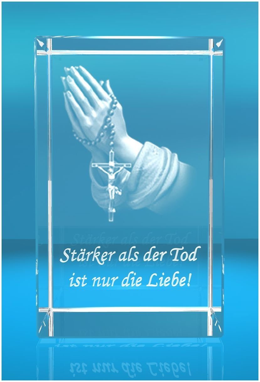 VIP-LASER Dekofigur 3D Glasquader Motiv: Betende Hände Text: Stärker als der Tod ist n, Hochwertige Geschenkbox, Made in Germany, Familienbetrieb