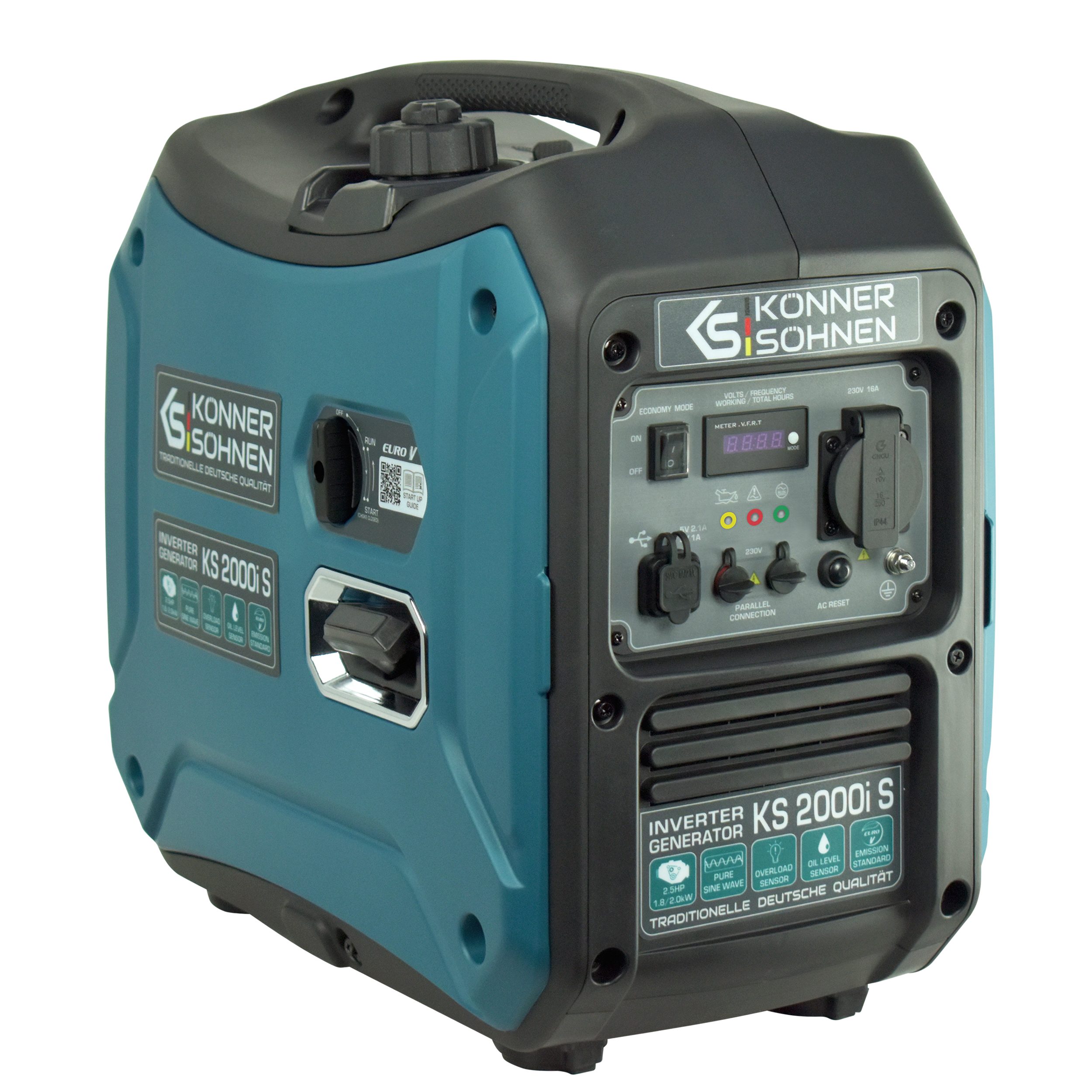 Könner & Söhnen KS 2000i S generator, 2.00 kW, (inverter generator, soundproof housing (62 dB Lpa 7 m), 1-piece, Schuko 230V, 2 x USB ports, LED display, ECO mode), short-circuit and overload protection, EURO V