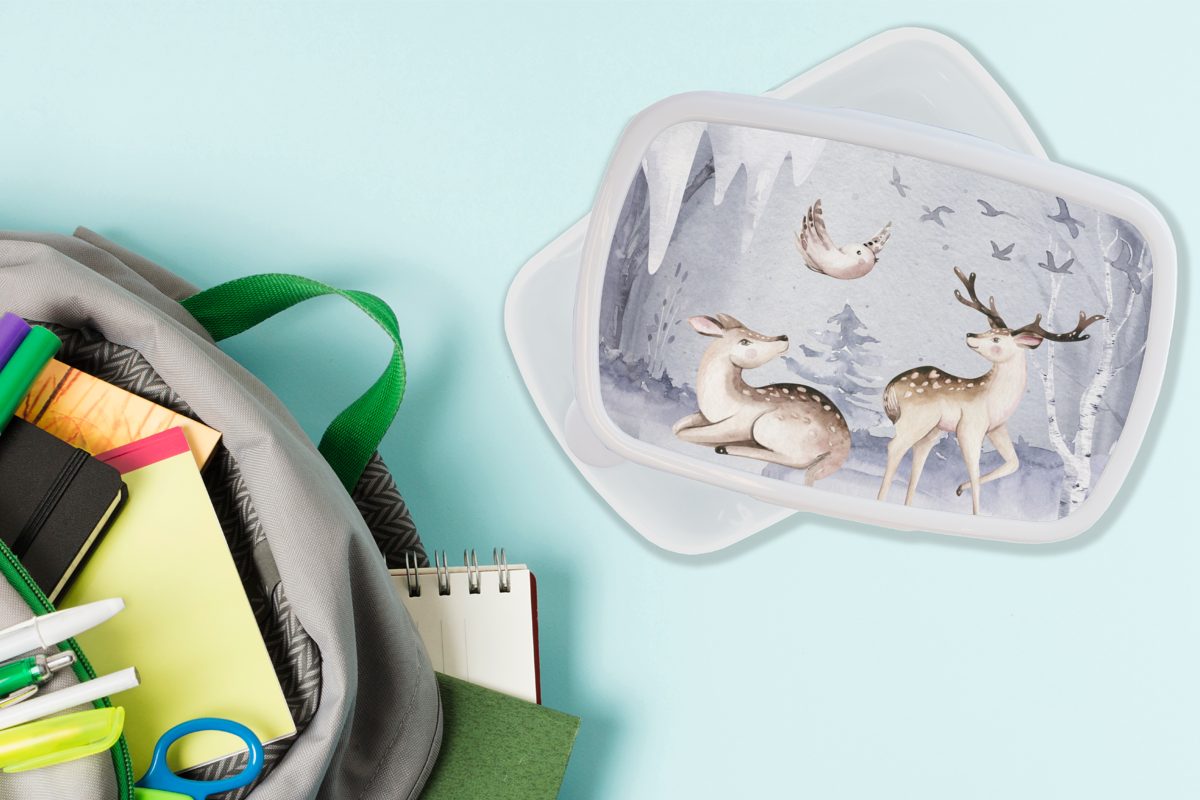 MuchoWow Lunchbox Winter - Erwachsene, Jungs - weiß und Kunststoff, für Hirsche Brotbox Mädchen (2-tlg), - Schnee, und Kinder Brotdose, für Vögel