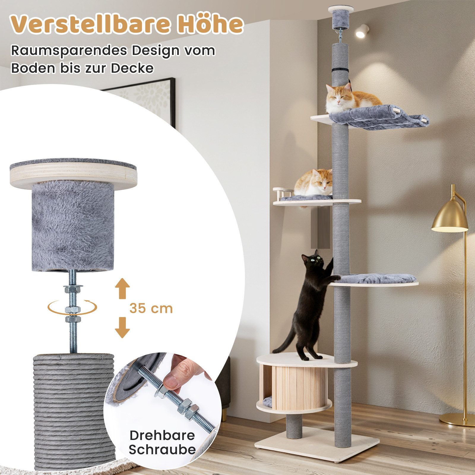 COSTWAY Kratzbaum, 5-stöckiger Katzenbaum, Kletterbaum deckenhoch, 236-271 cm