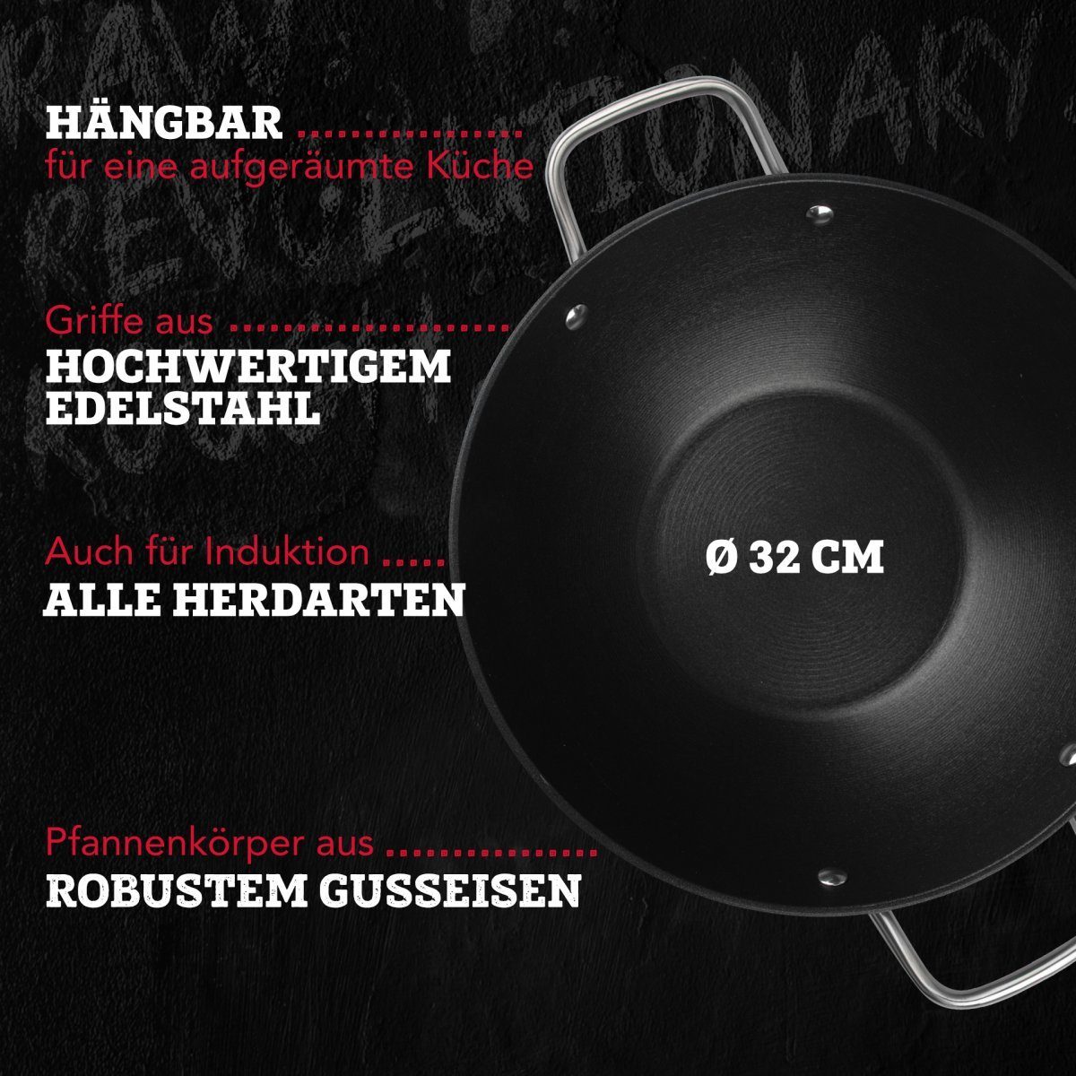 FMprofessional Wok Force aus Gusseisen 28 cm – Bratpfanne mit Antihaftbeschichtung, Gusseisen