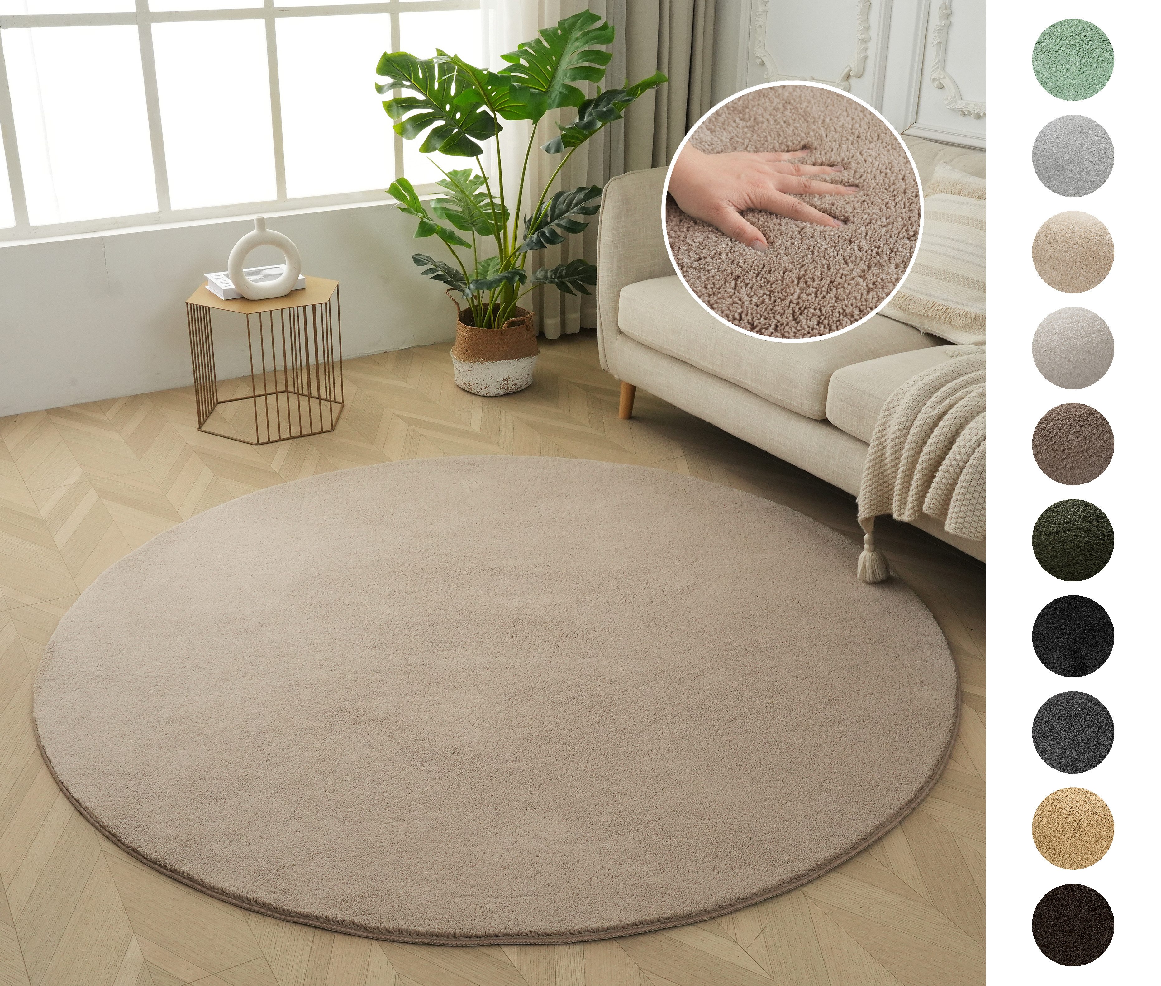 OTTO home Teppich Cali, rund, Höhe: 16 mm, Uni-Farben, kuschelig, & weich, waschbar, Wohnzimmer, Schlafzimmer