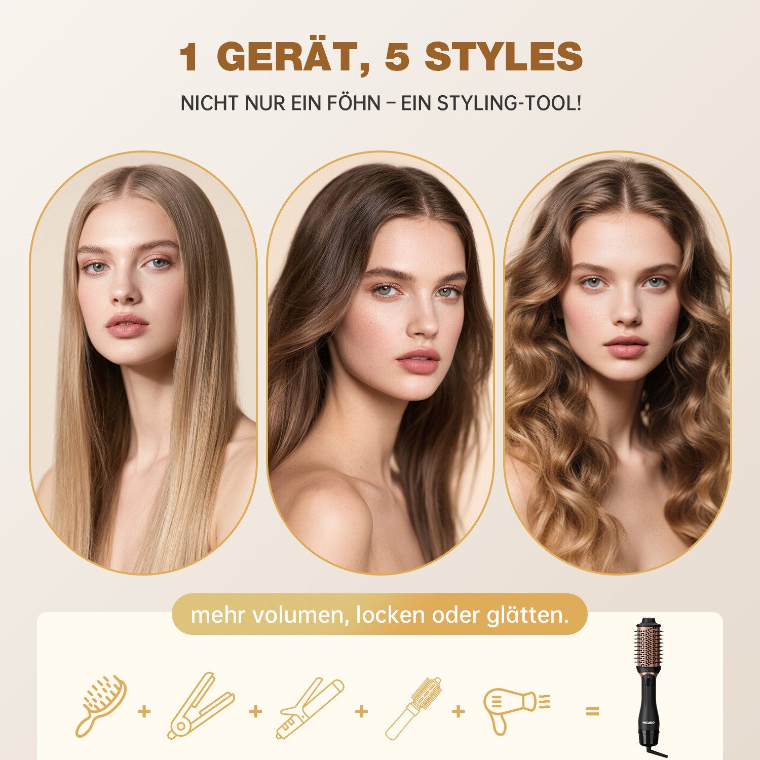 MCURO Warmluftbürste 5 in 1 Hairstyler, Föhnbürste zum Trocknen und Stylen in One Step, 1200W Leistung für schnelles Styling 3 Temperaturen,Keramik