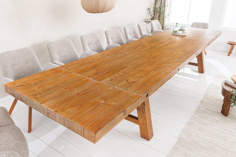 riess-ambiente Esstisch FINCA 300-400cm vintage braun - recyceltes Pinienholz, 2 Ansteckplatte (Einzelartikel, 1-St), Industrial Design mit Querstrebe – ideal für bis zu 14 Personen