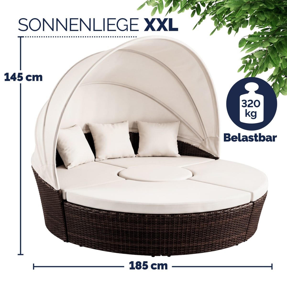 Casaria Sonneninsel Braun, 185cm Sonnenliege Polyrattan mit Tisch Wetterfest Kissen Gartenliege