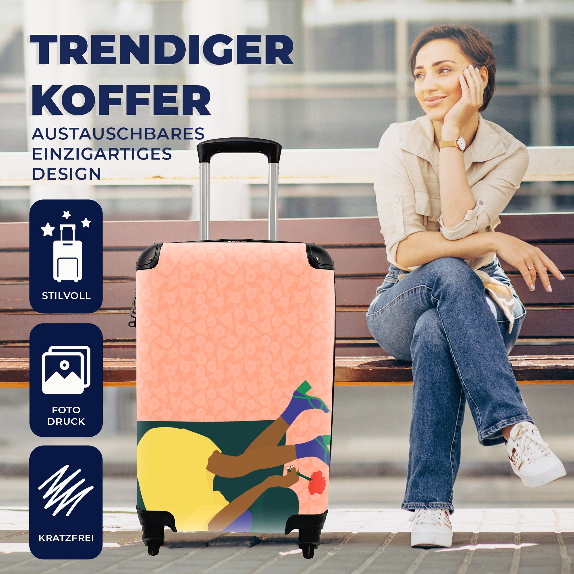 Frau Blumen Handgepäckkoffer - 4 Reisetasche mit Rollen, Retro, Handgepäck Trolley, rollen, Ferien, - MuchoWow Reisekoffer für