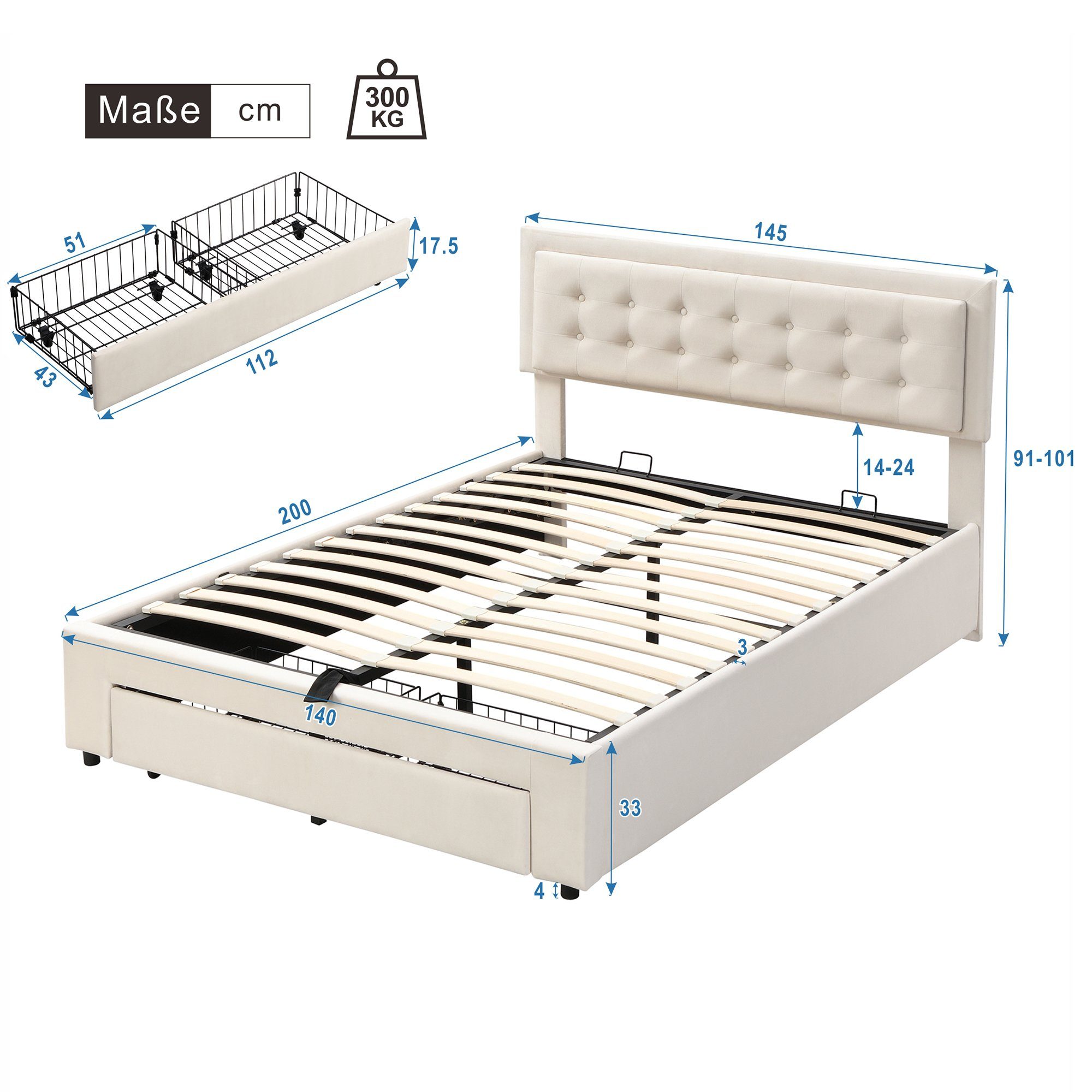 Kopfteil,mit x Polsterbett und Lattenrost 2 Doppelbett Samt, hydraulisches Holzlattenunterstützung, Bettrahmen Funktionsbett Beige 140 (mit 200cm Ulife Schubladen),