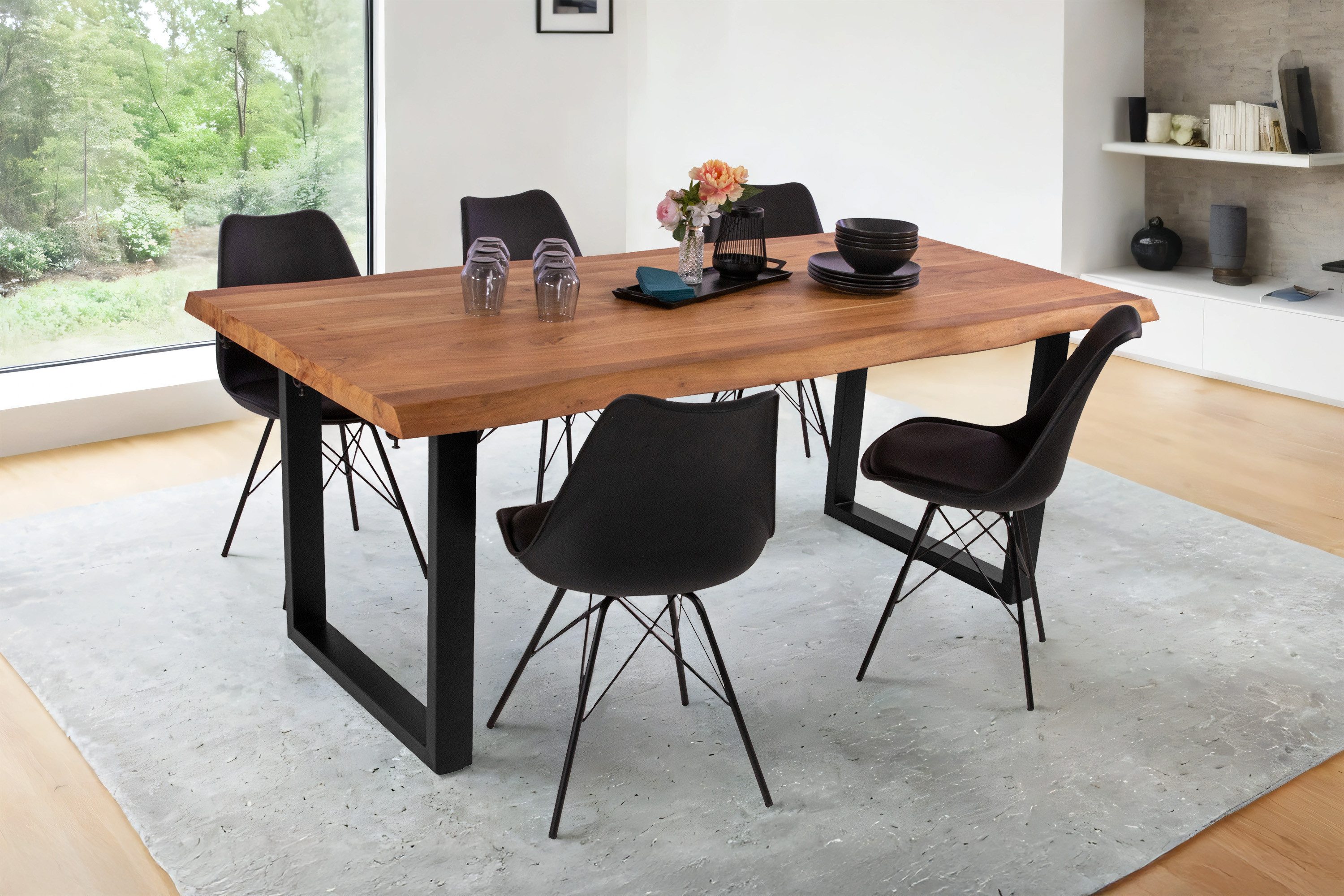 SAM® Essgruppe Henrik, Baumkante, massives Akazienholz, mit 2 Ansteckplatten und Stühlen