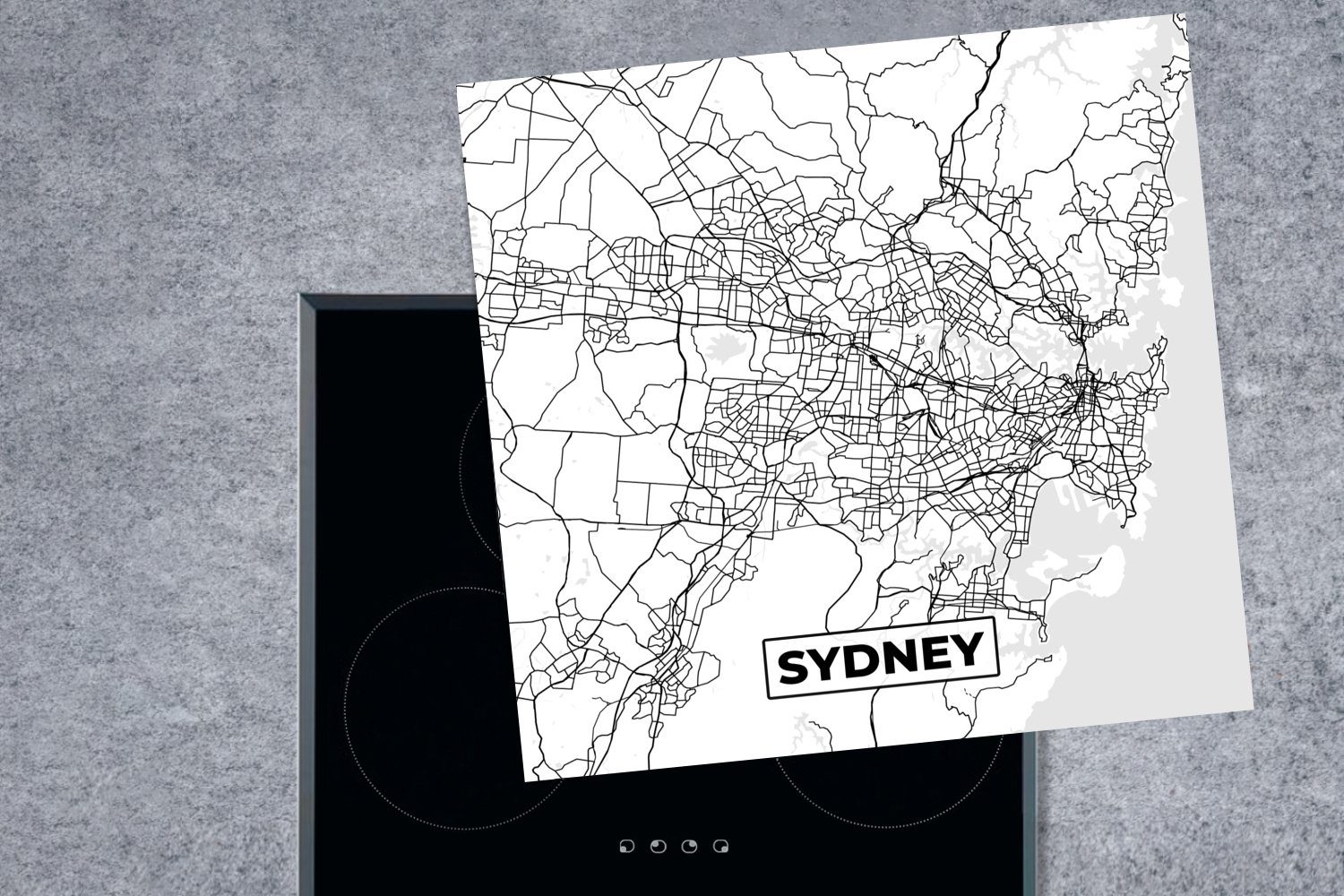 küche und - cm, Vinyl, Stadtplan Herdblende-/Abdeckplatte (1 Ceranfeldabdeckung, MuchoWow weiß, Karte für tlg), Sydney - Arbeitsplatte - 78x78 Schwarz